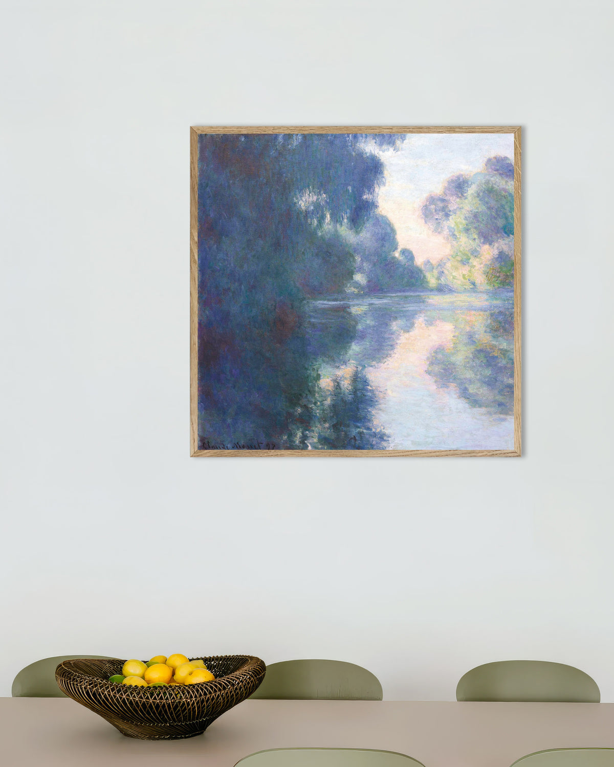 Poster Ochtend aan de Seine (1897) van Claude Monet met naturel houten lijst