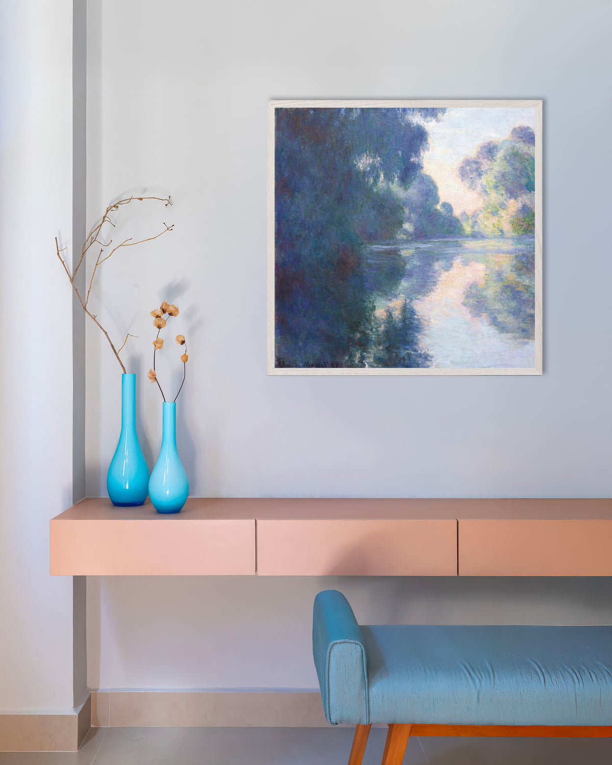 Poster Ochtend aan de Seine (1897) van Claude Monet met witte houten lijst