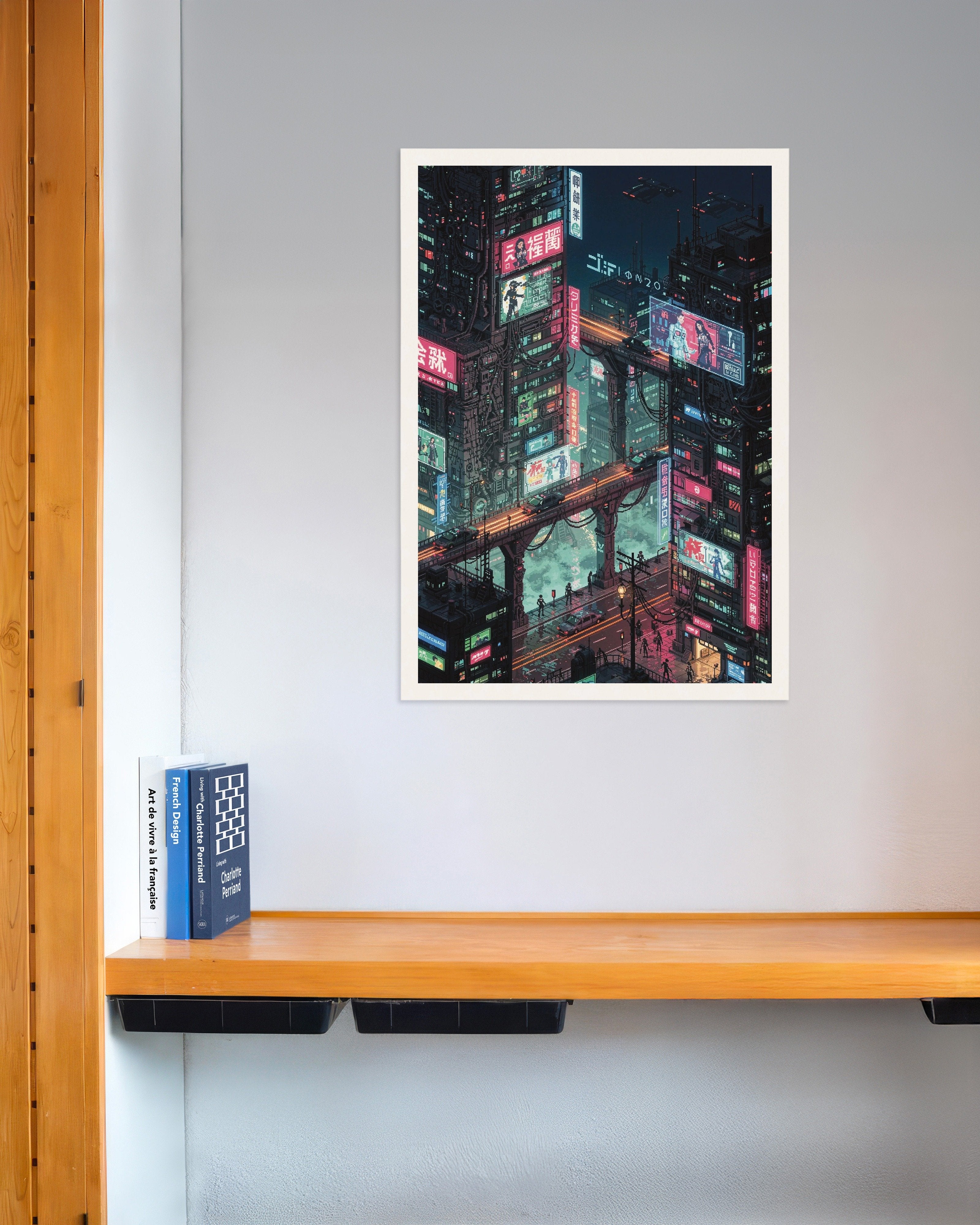 Poster of Neon Overpass - Japanese Cyber City Pixel Art