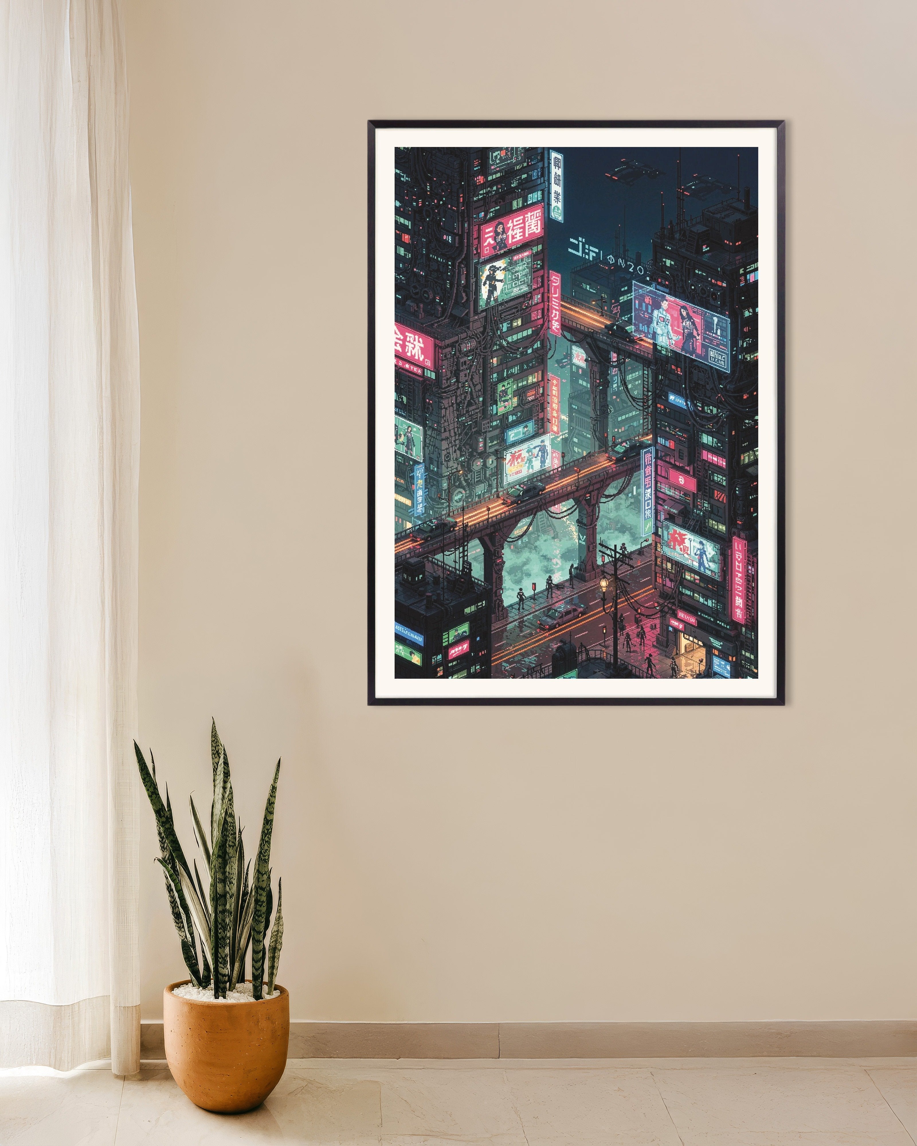 Poster of Neon Overpass - Japanese Cyber City Pixel Art, with metal frame
