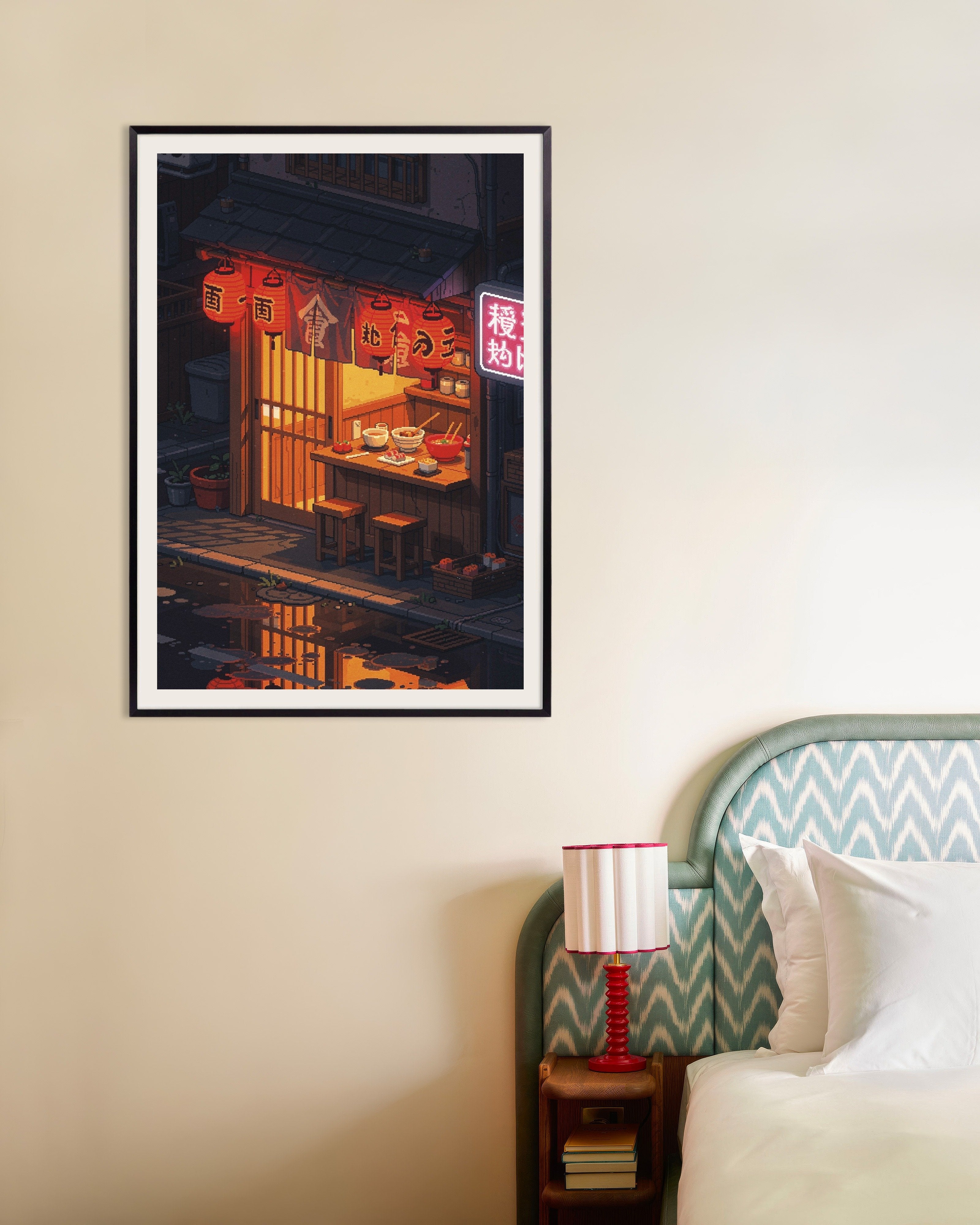 Poster of Neon Ramen Alley Pixel Art Poster, with metal frame