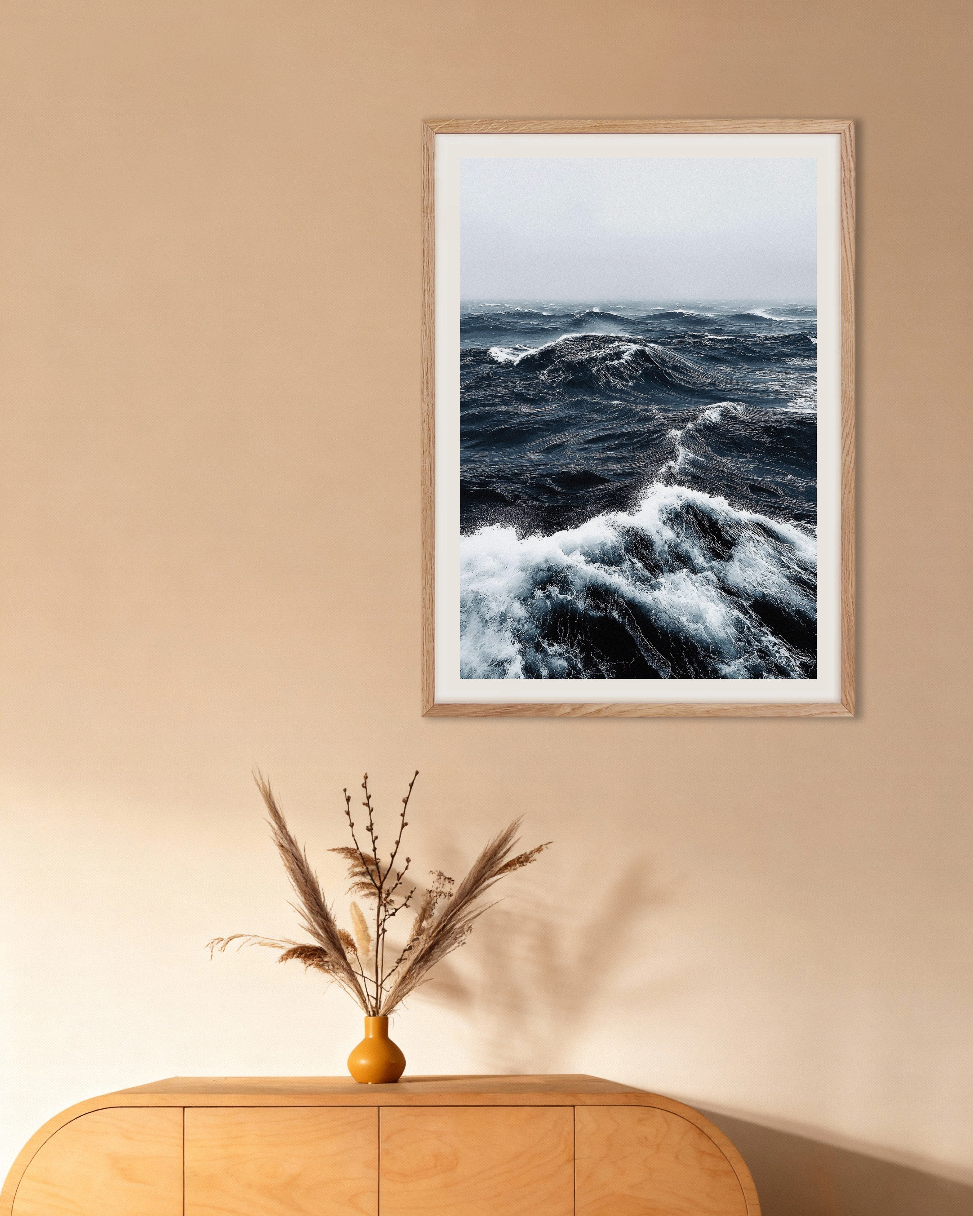 Poster of Ocean waves photography print, with natural wooden frame