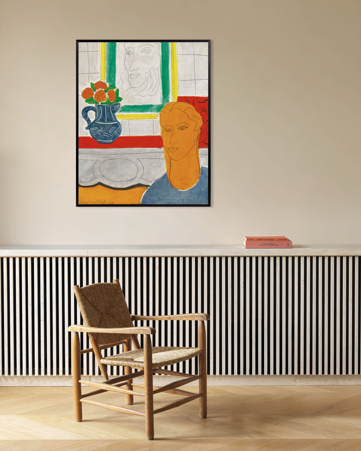 Poster van Okerkleurig hoofd (Figuur en boeket) (1937) van Henri Matisse, met metalen lijst