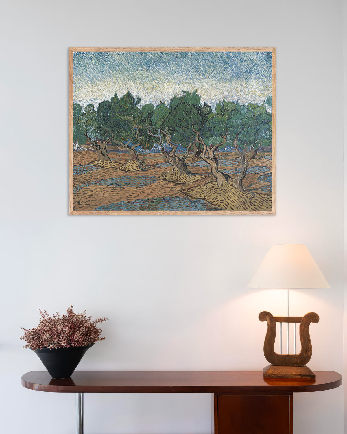 Poster van Olijfgaard (1889) van Vincent van Gogh, met een naturel houten lijst