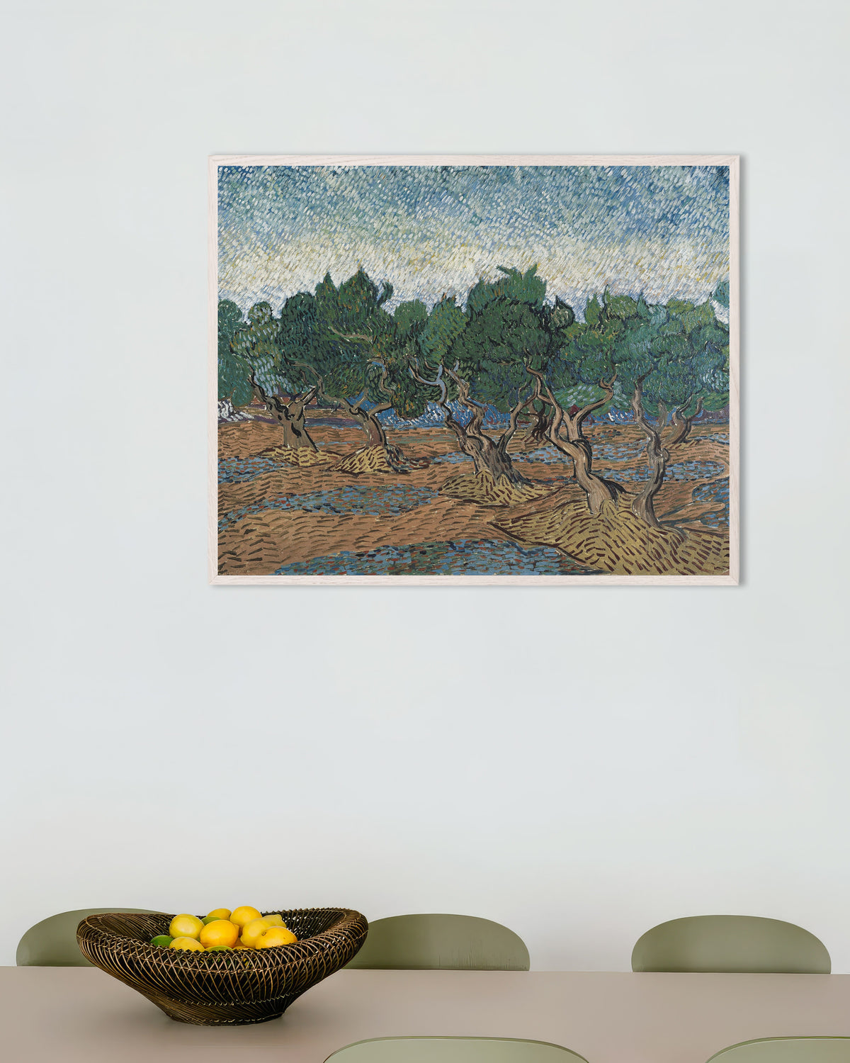 Poster van Olijfgaard (1889) van Vincent van Gogh, met witte houten lijst
