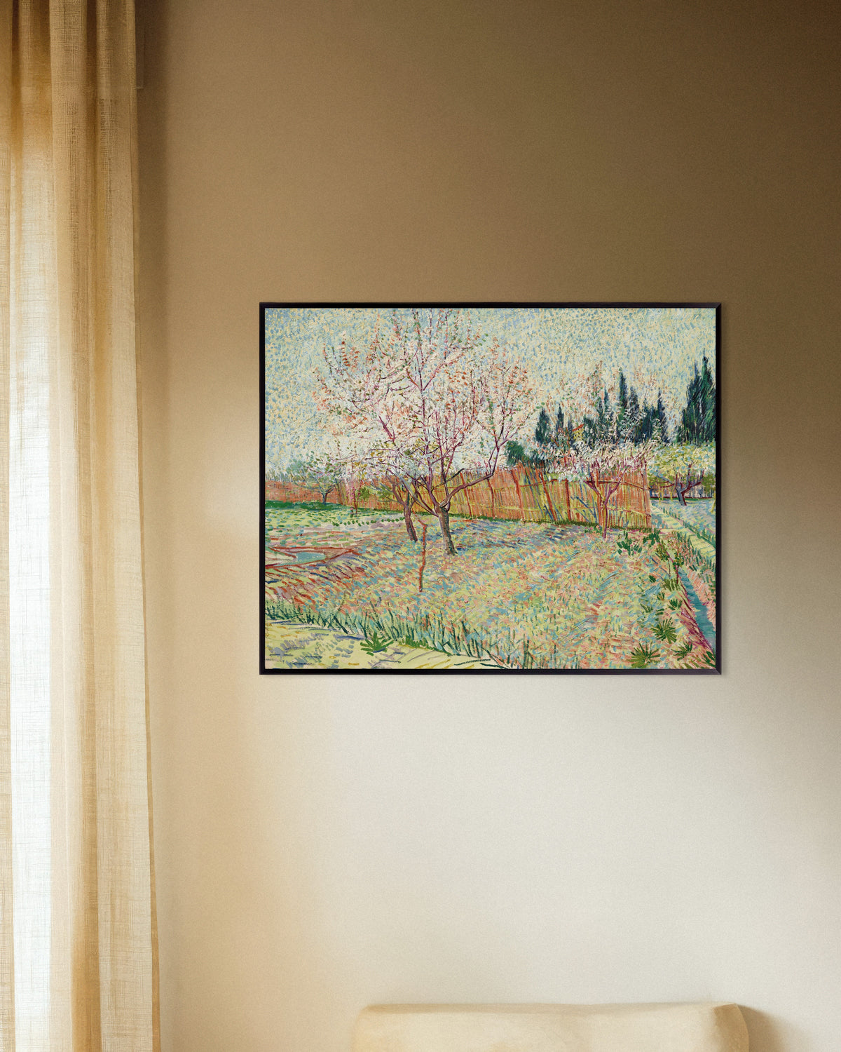 Poster van Boomgaard omzoomd door cipressen (1888) van Vincent van Gogh, met metalen lijst