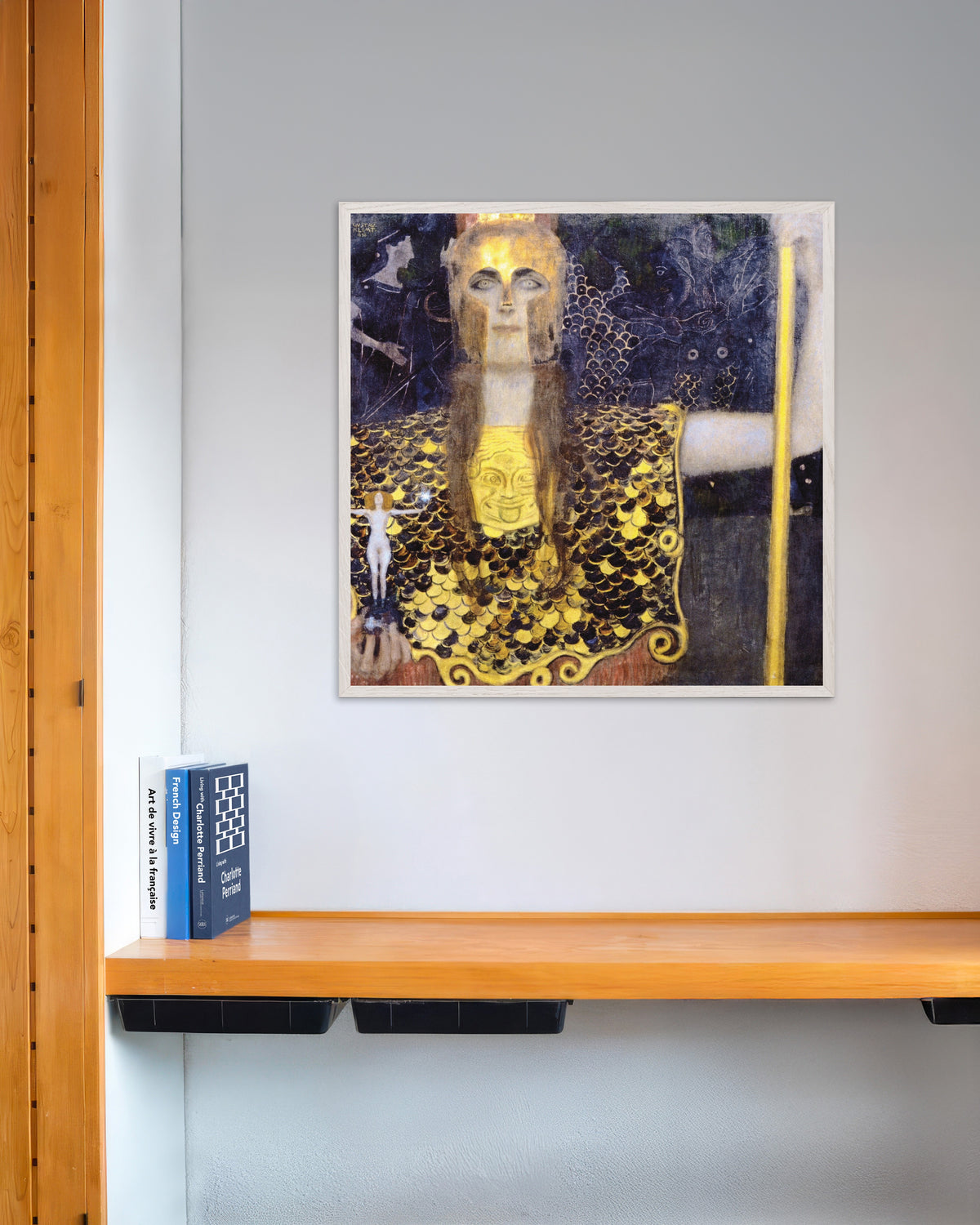 Poster van Pallas Athena (1898) van Gustav Klimt, met witte houten lijst
