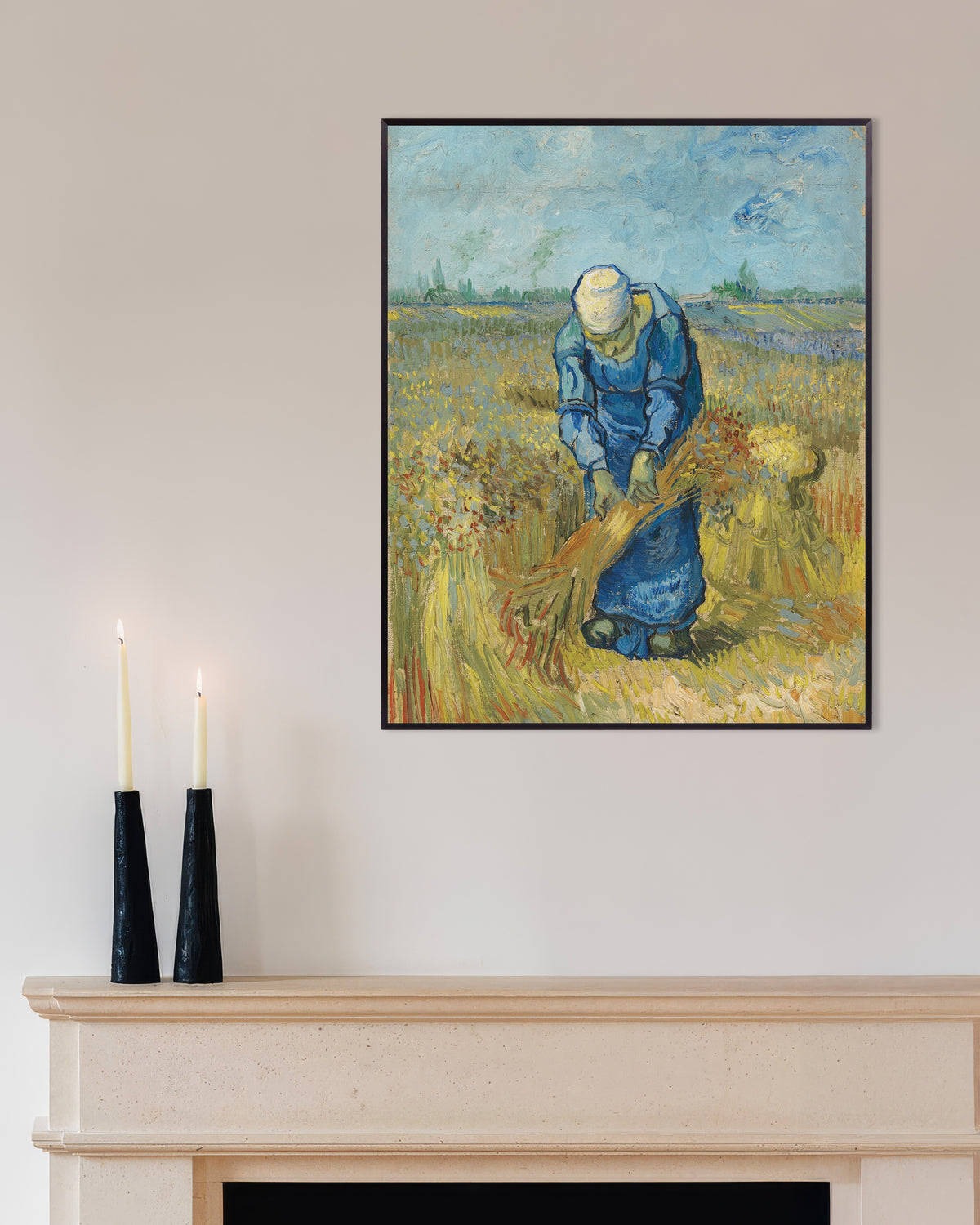 Poster van Boerin bindt schoven, naar Millet (1889), van Vincent van Gogh, met metalen lijst