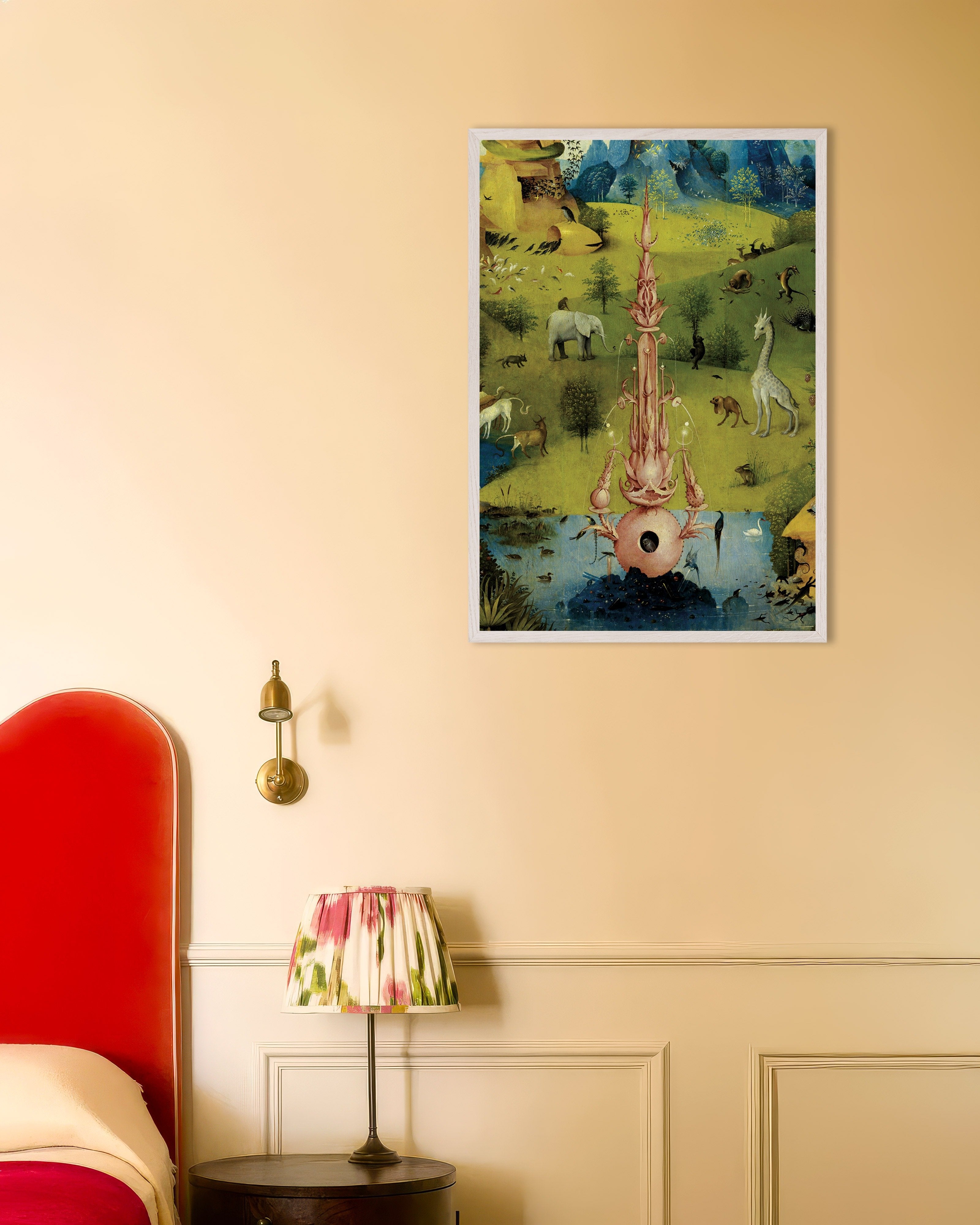 Poster of Pink fountain and animals - Detail from The Garden of Earthly Delights, with white wooden frame