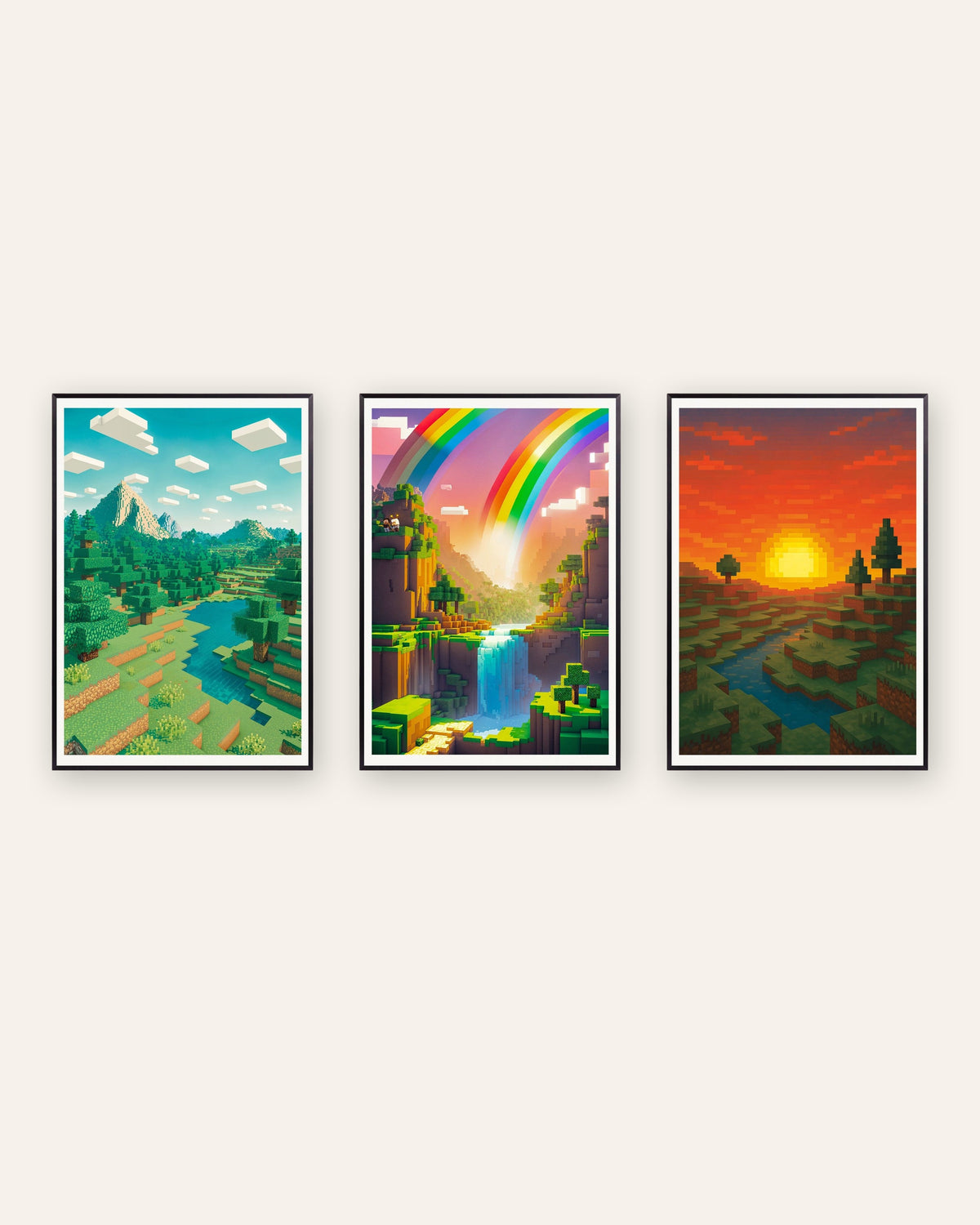 Affiches pixel art paysages, lot de 3 : montagne, vallée arc-en-ciel et coucher de soleil, cadres en métal noir