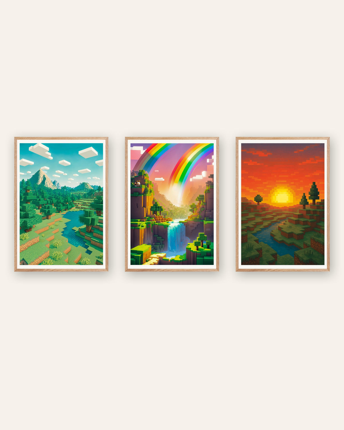 Affiches pixel art paysages, lot de 3 : montagne, vallée arc-en-ciel et coucher de soleil, cadres en chêne naturel