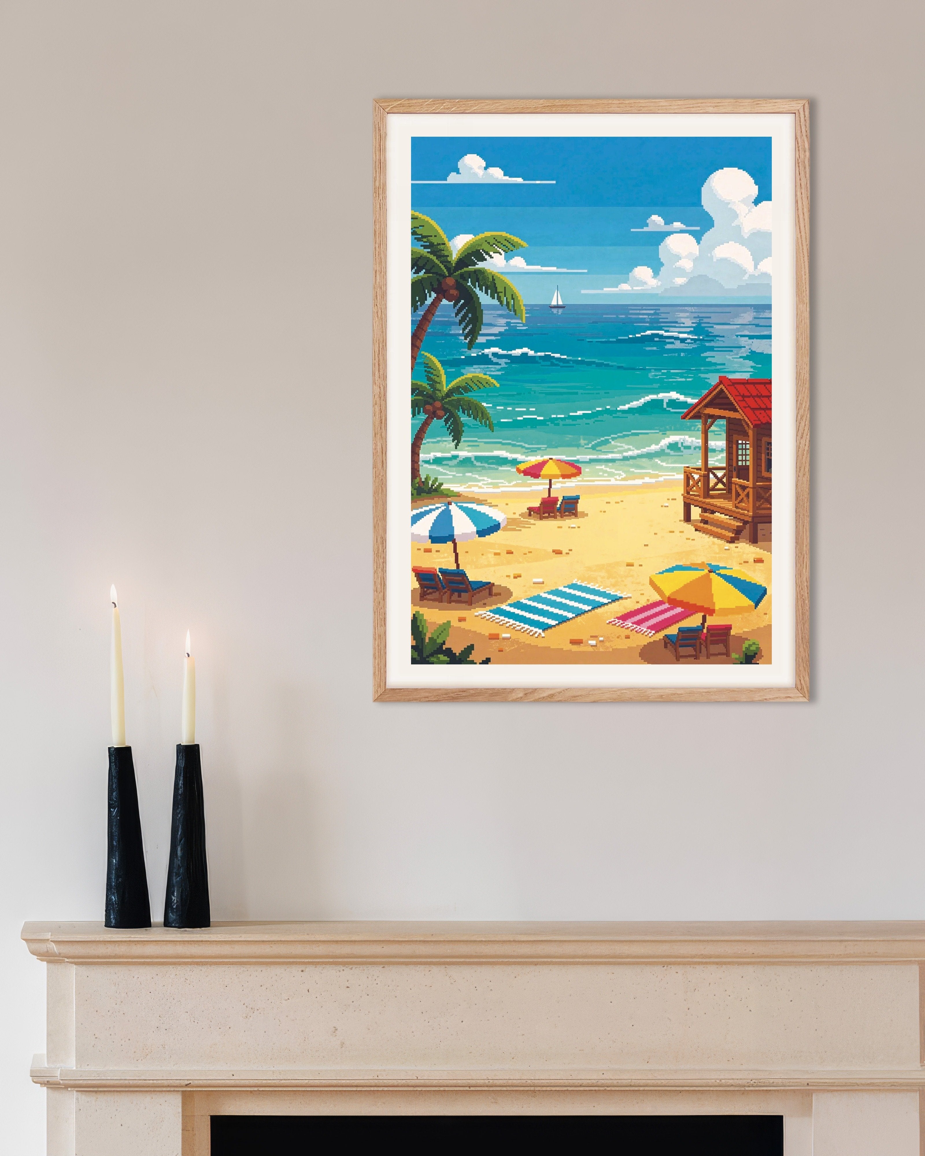 Poster of Pixel Beach Day with Palms and Beach Cabin, with natural wooden frame