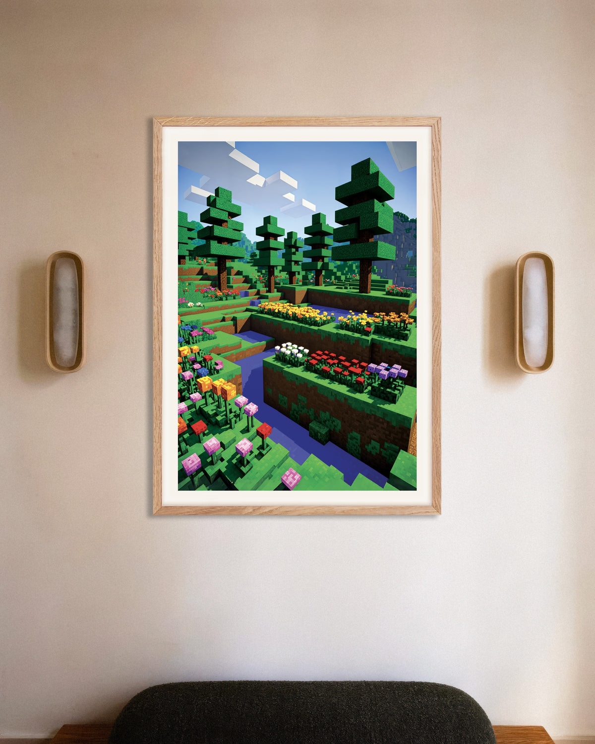 Poster de Pixel Flowers, poster botanique, avec cadre en bois naturel