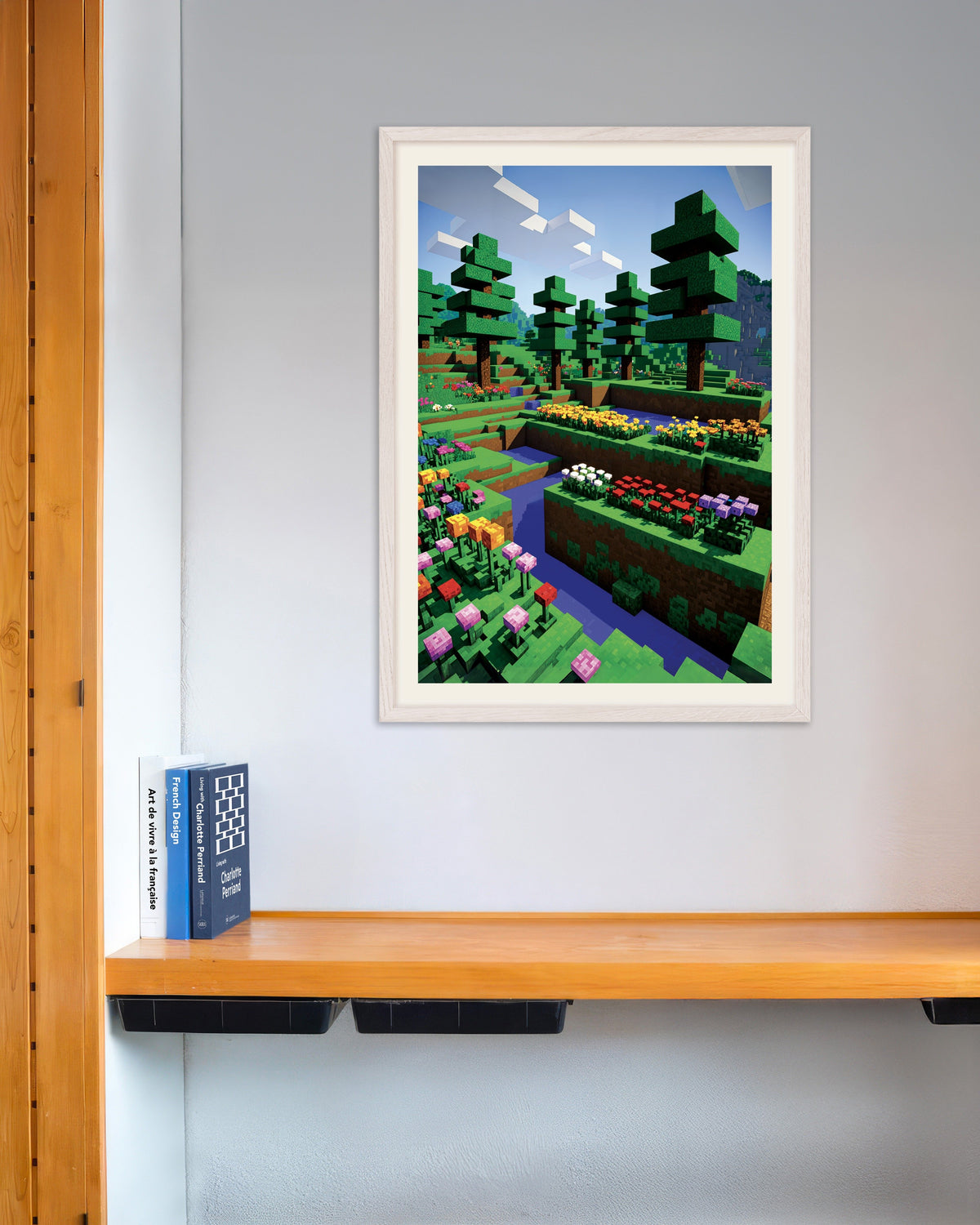 Poster de Pixel Flowers, poster botanique, avec cadre en bois blanc