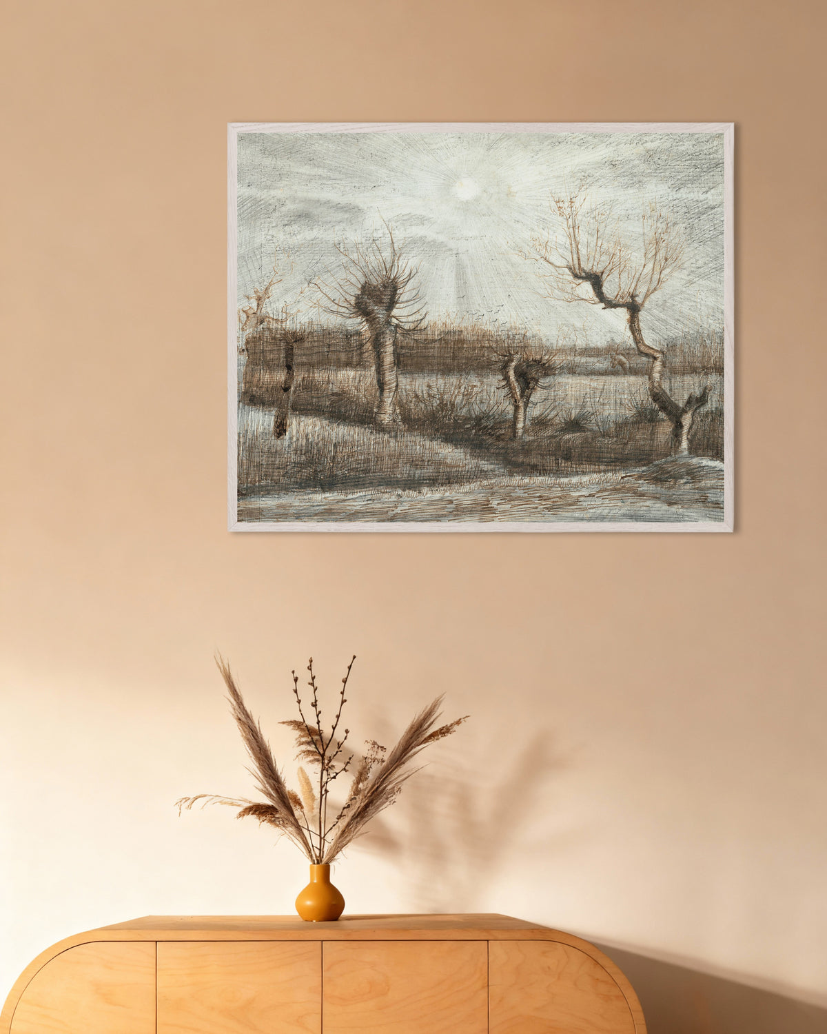 Poster de Saules têtards (1884) de Vincent van Gogh, avec cadre en bois blanc