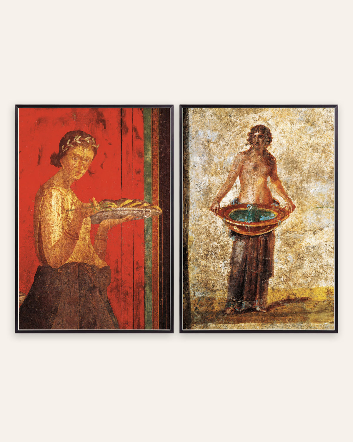 Pompeii fresco posters, set van 2: lauwerkrans en waterbekken, in zwarte metalen lijsten