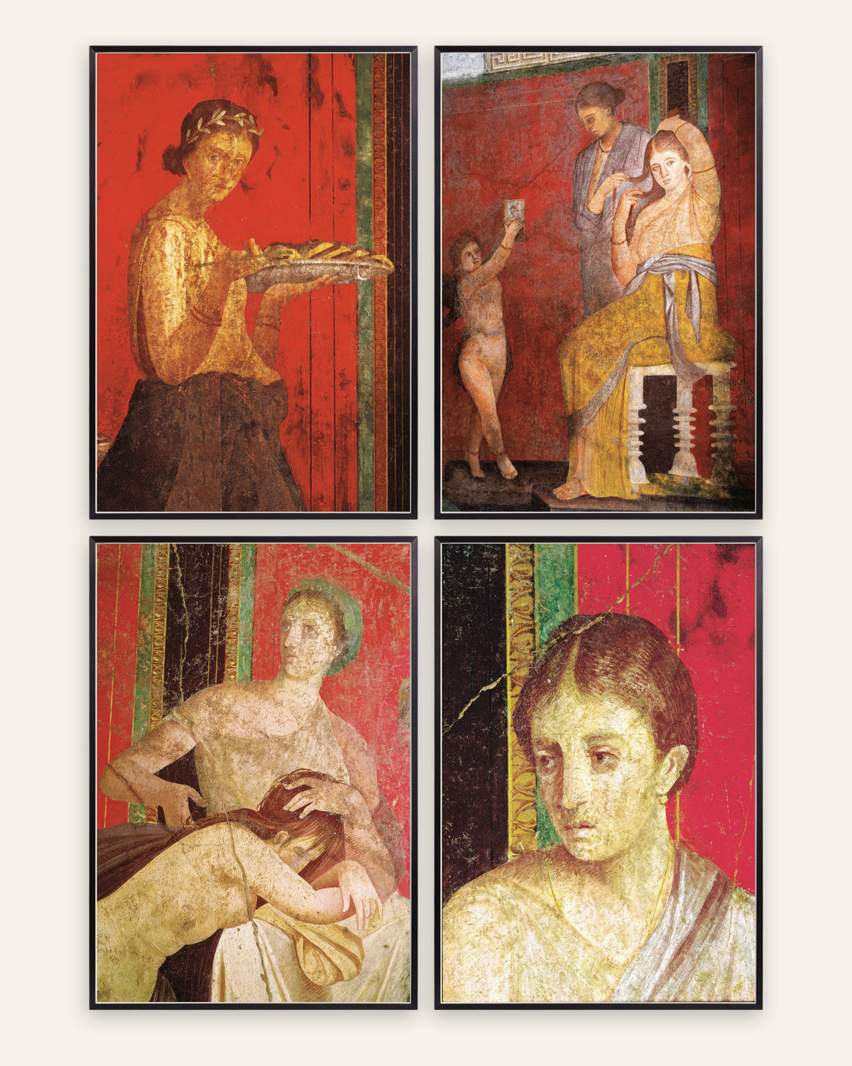 Pompeii fresco posters, set van 4: Villa der Mysteriën, in zwarte metalen lijsten