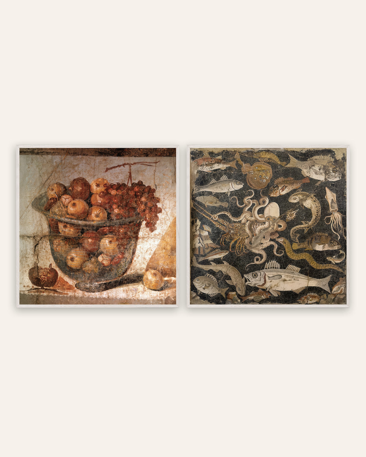 Pompeii keukenposters, set van 2: fruitschaal en vismozaïek, in witte eikenhouten lijsten