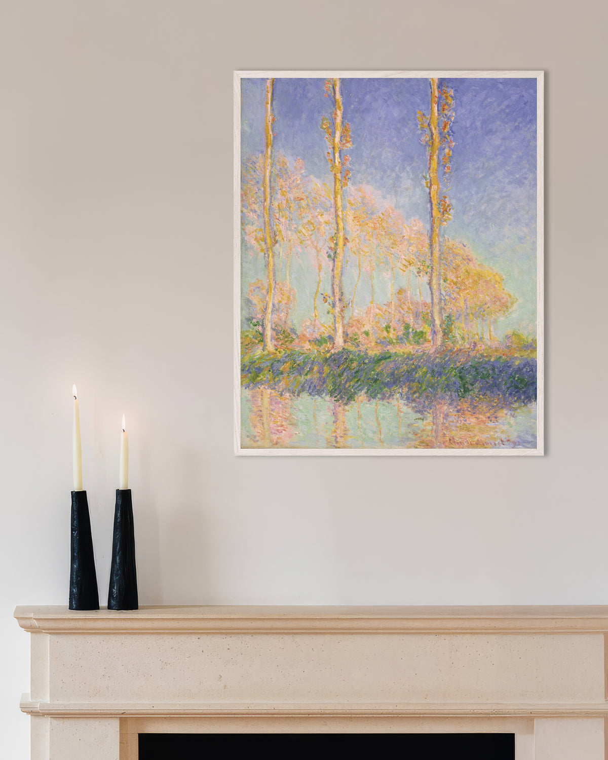 Affiche Les Peupliers (1891) de Claude Monet, avec un cadre en bois blanc