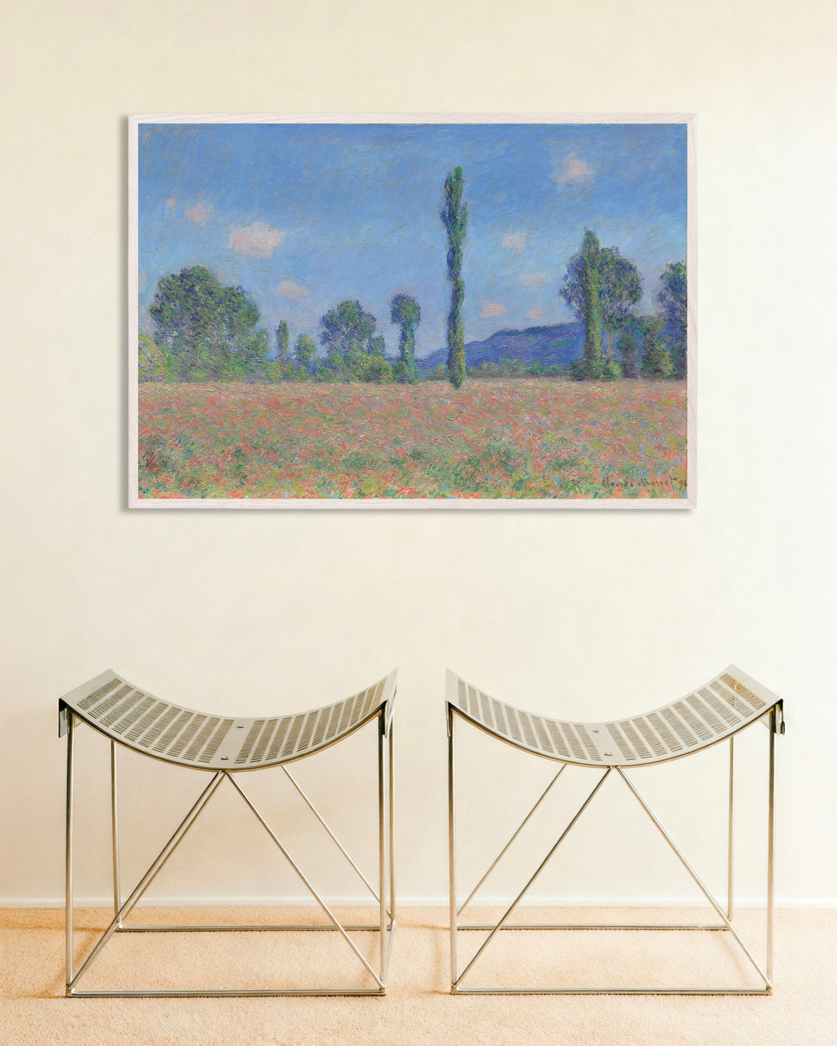 Poster Klaprozenveld, Giverny (1890) van Claude Monet met witte houten lijst