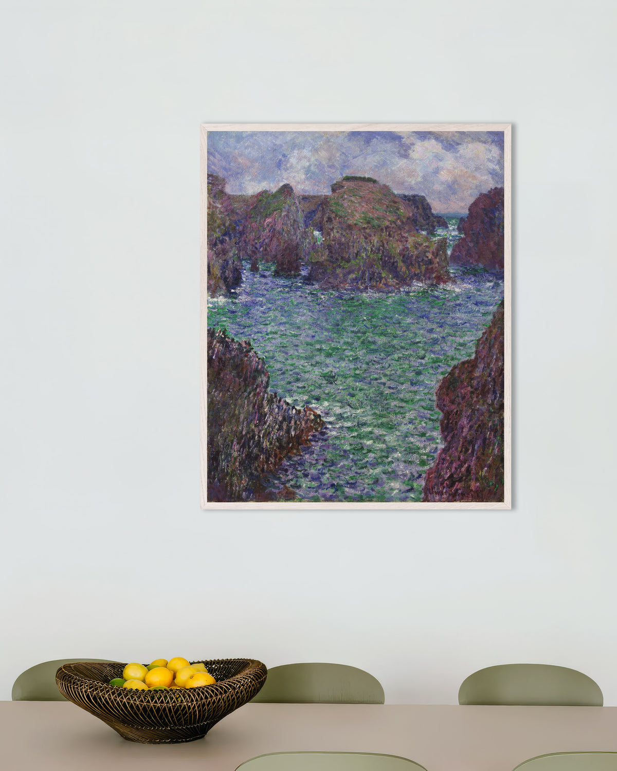 Affiche Port-Goulphar, Belle-Île (1887) de Claude Monet, avec un cadre en bois blanc
