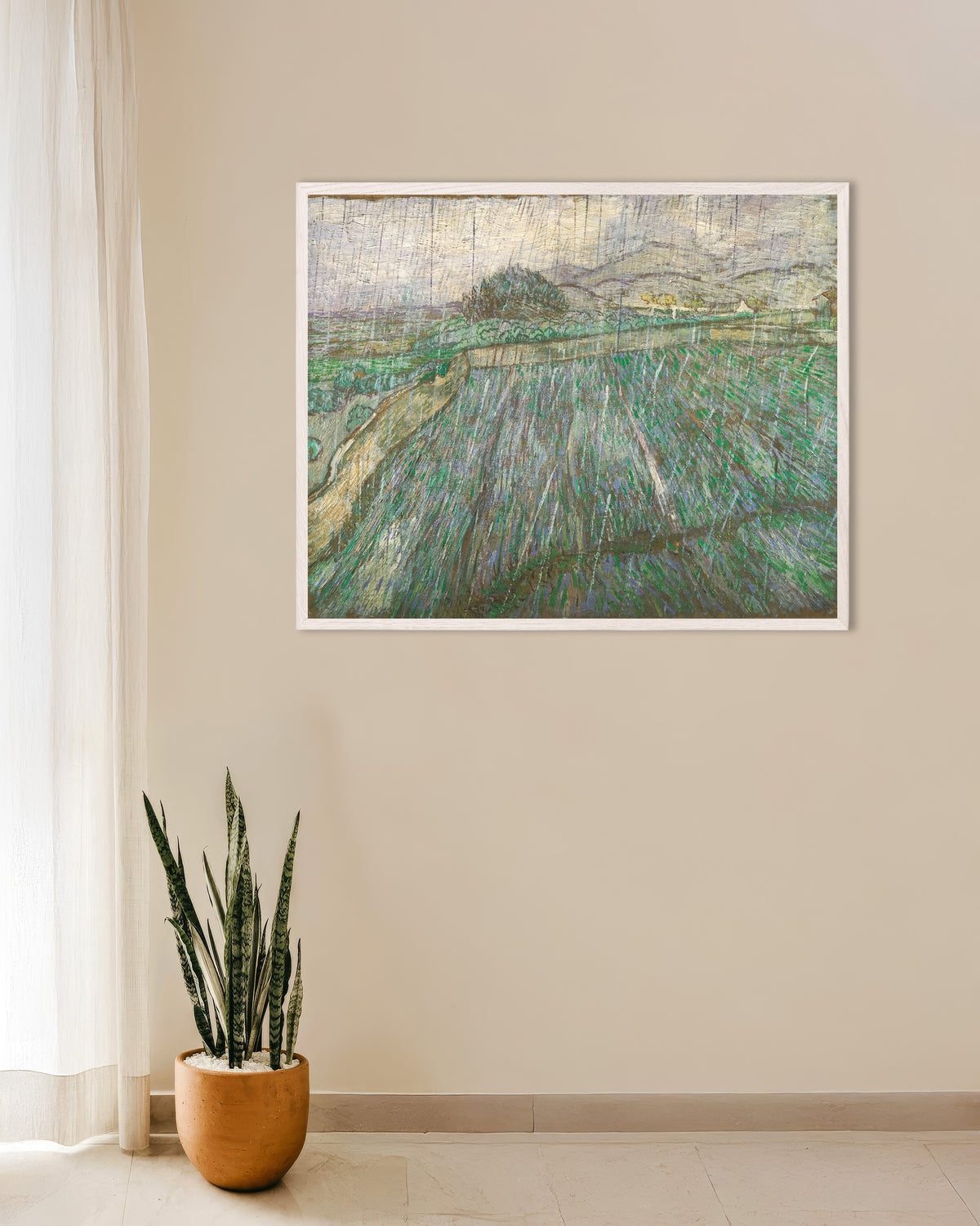 Poster van Regen (1889) van Vincent van Gogh, met witte houten lijst