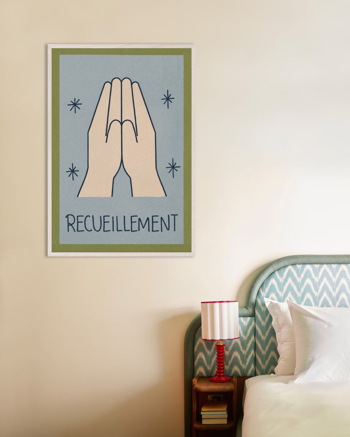 Poster van Recueillement - Minimalistische lijntekening, met witte houten lijst