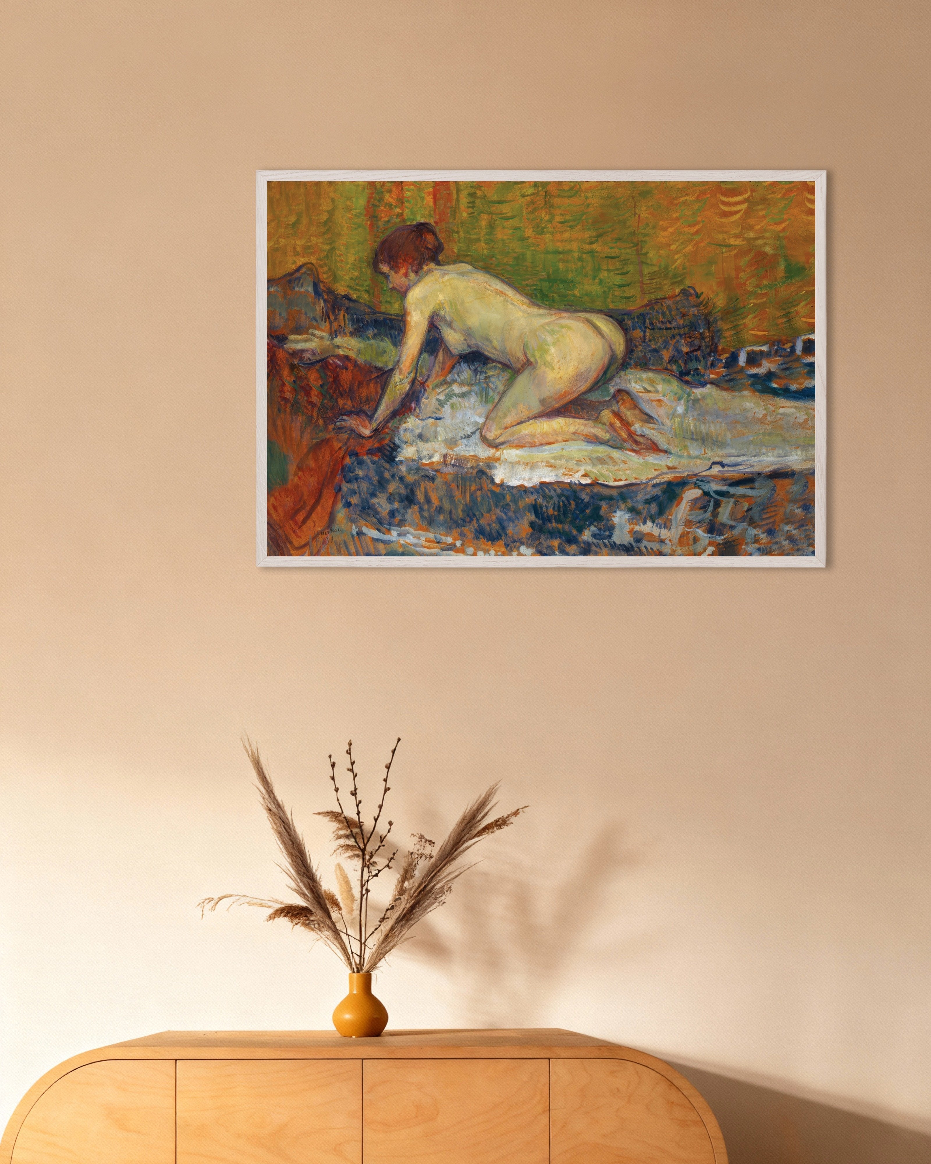 Poster of Red-Headed Nude Crouching by Henri de Toulouse-Lautrec, with white wooden frame