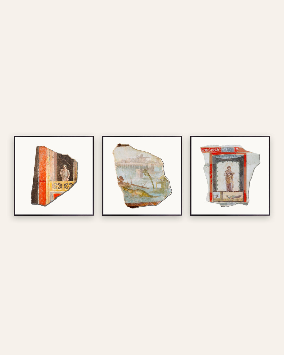 Romeinse frescofragment posters, set van 3: balkon, Nijl en pauw, in zwarte metalen lijsten