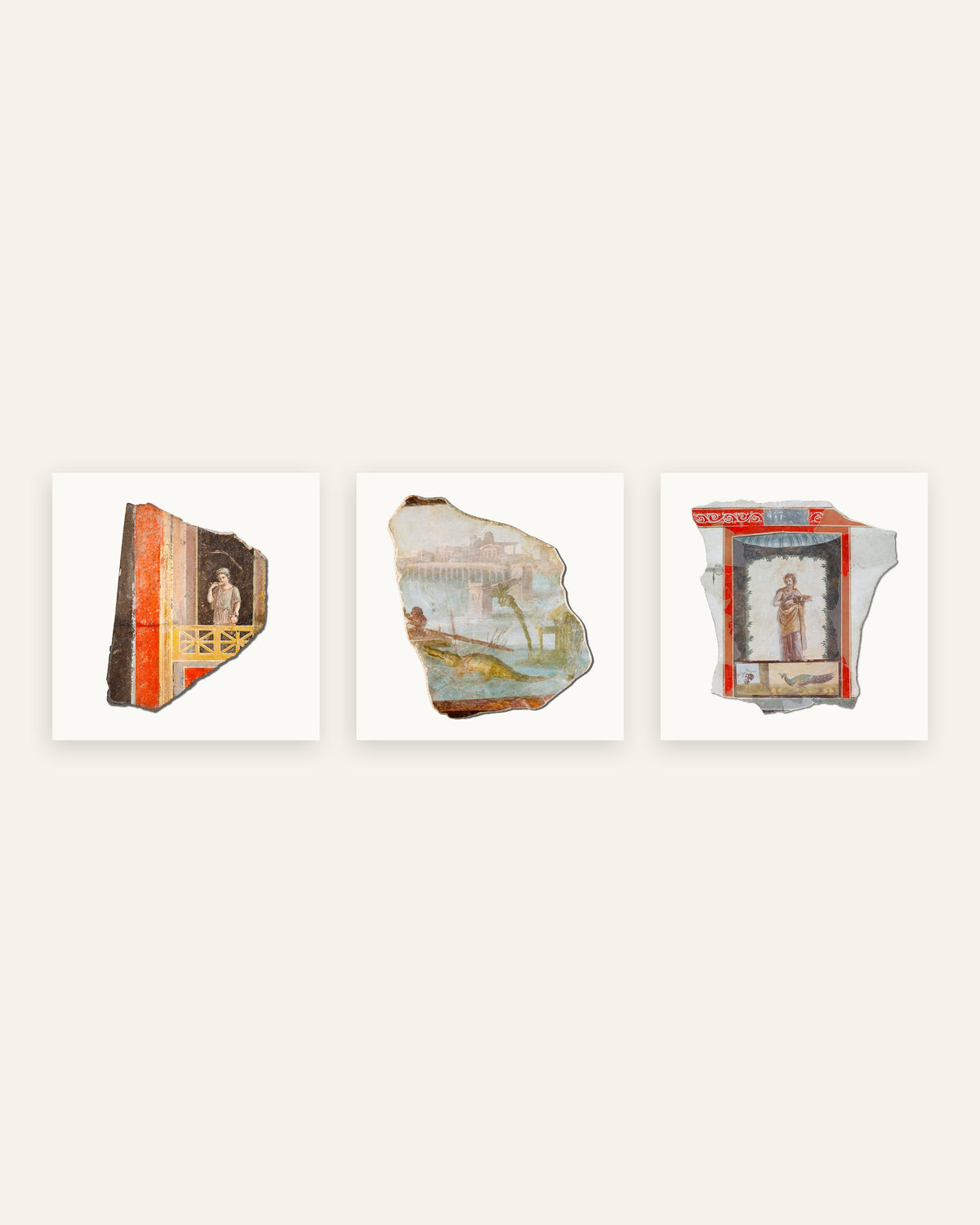 Romeinse frescofragment posters, set van 3: balkon, Nijl en pauw, zonder lijst