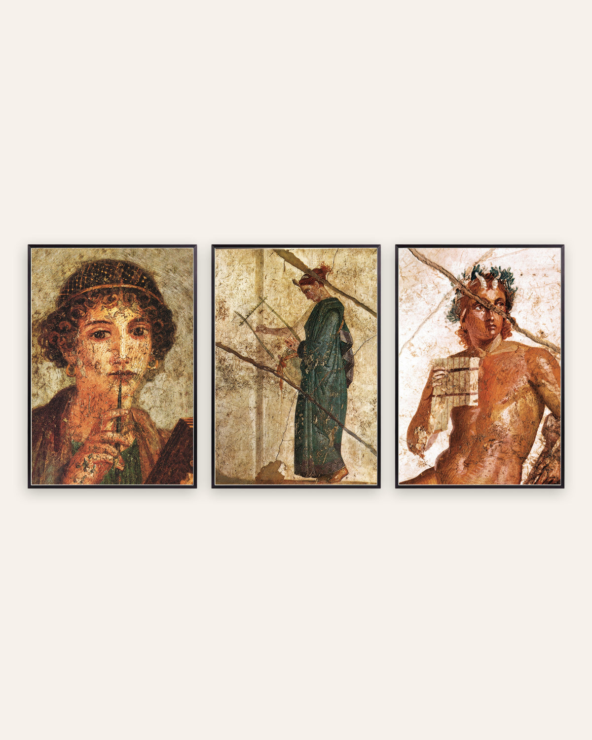 Romeinse fresco posters, set van 3: poëzie en muziek, Sappho, lier en Pan, in zwarte metalen lijsten