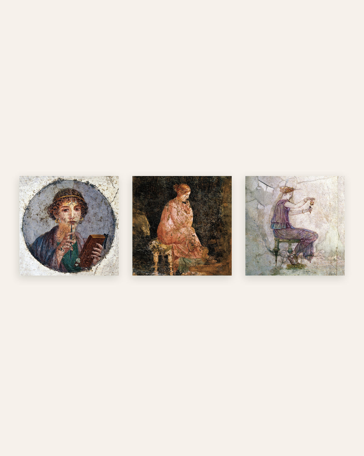 Romeinse fresco posters, set van 3: Sappho, zittende vrouw en parfum, zonder lijst