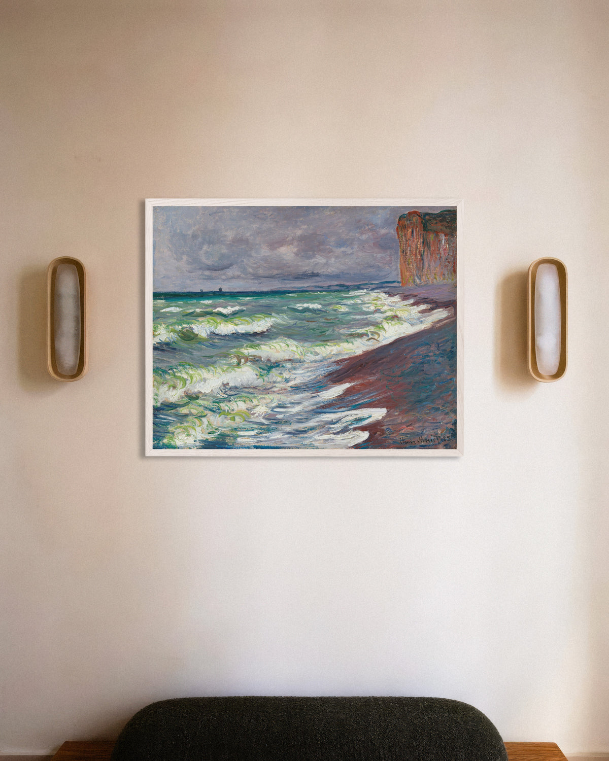 Affiche Mer agitée à Pourville (1882) de Claude Monet, avec un cadre en bois blanc