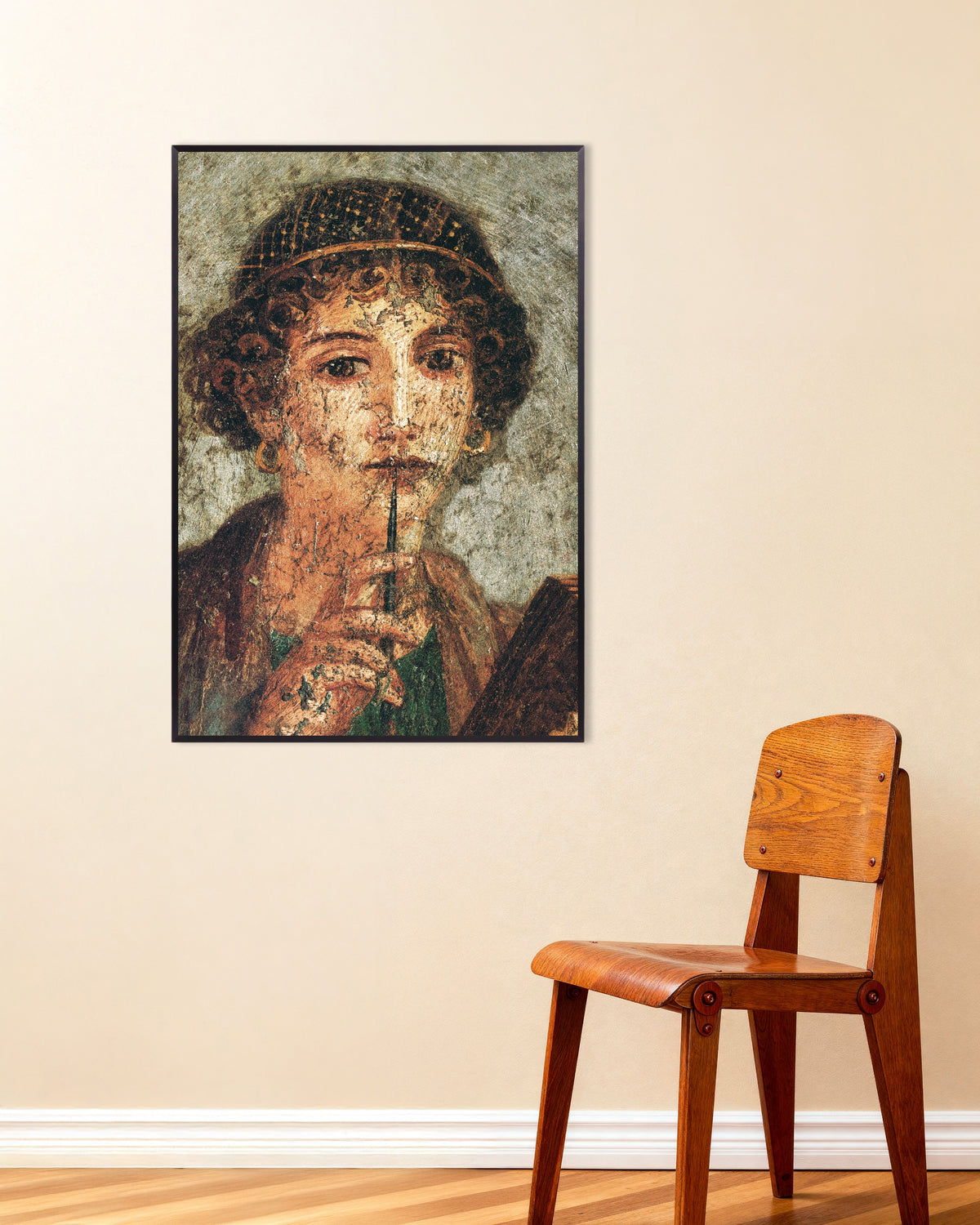Poster met detail van het Sappho-fresco uit Pompeii in een zwarte metalen lijst