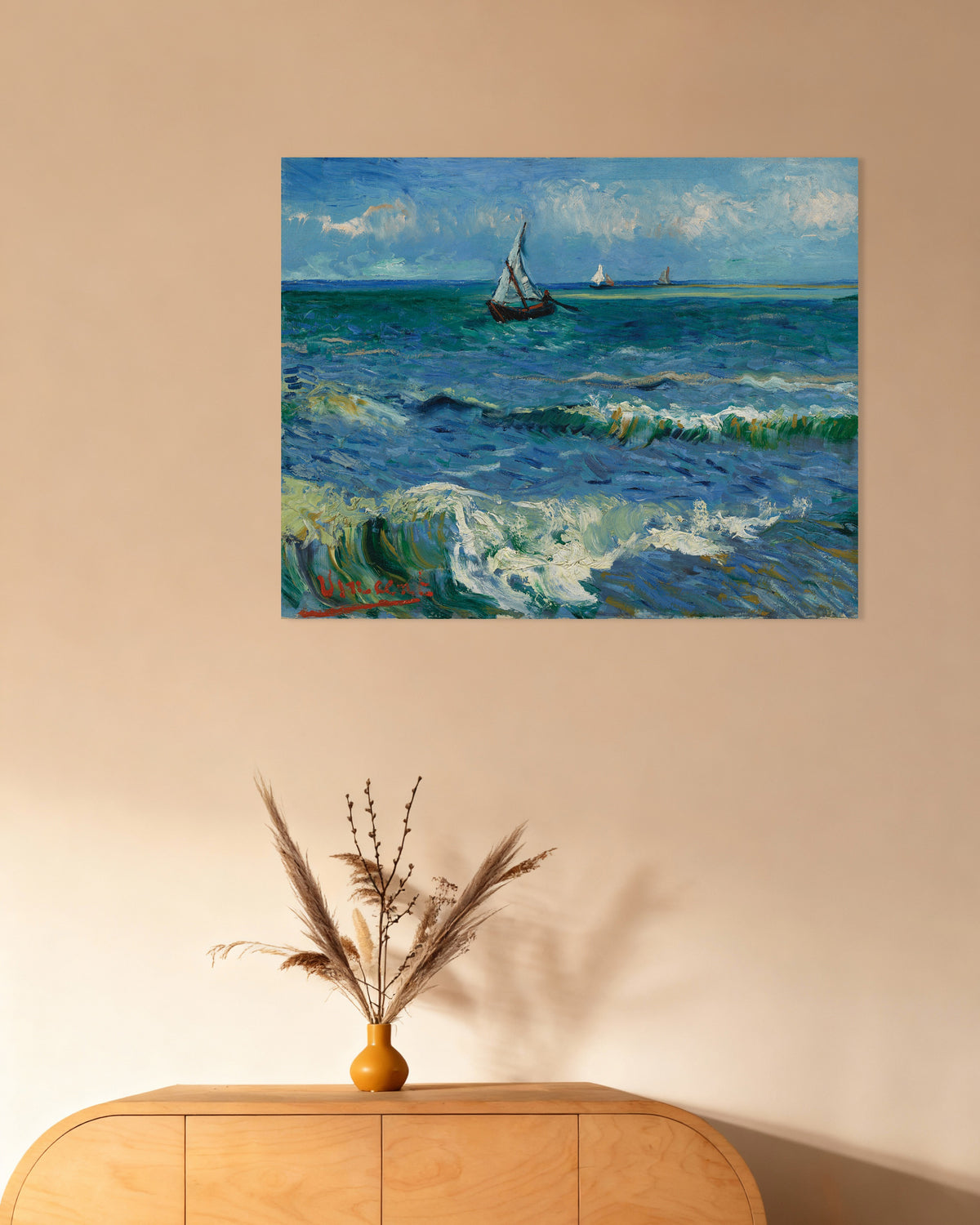 Poster van Zeegezicht bij Les Saintes-Maries-de-la-Mer (1888) van Vincent van Gogh