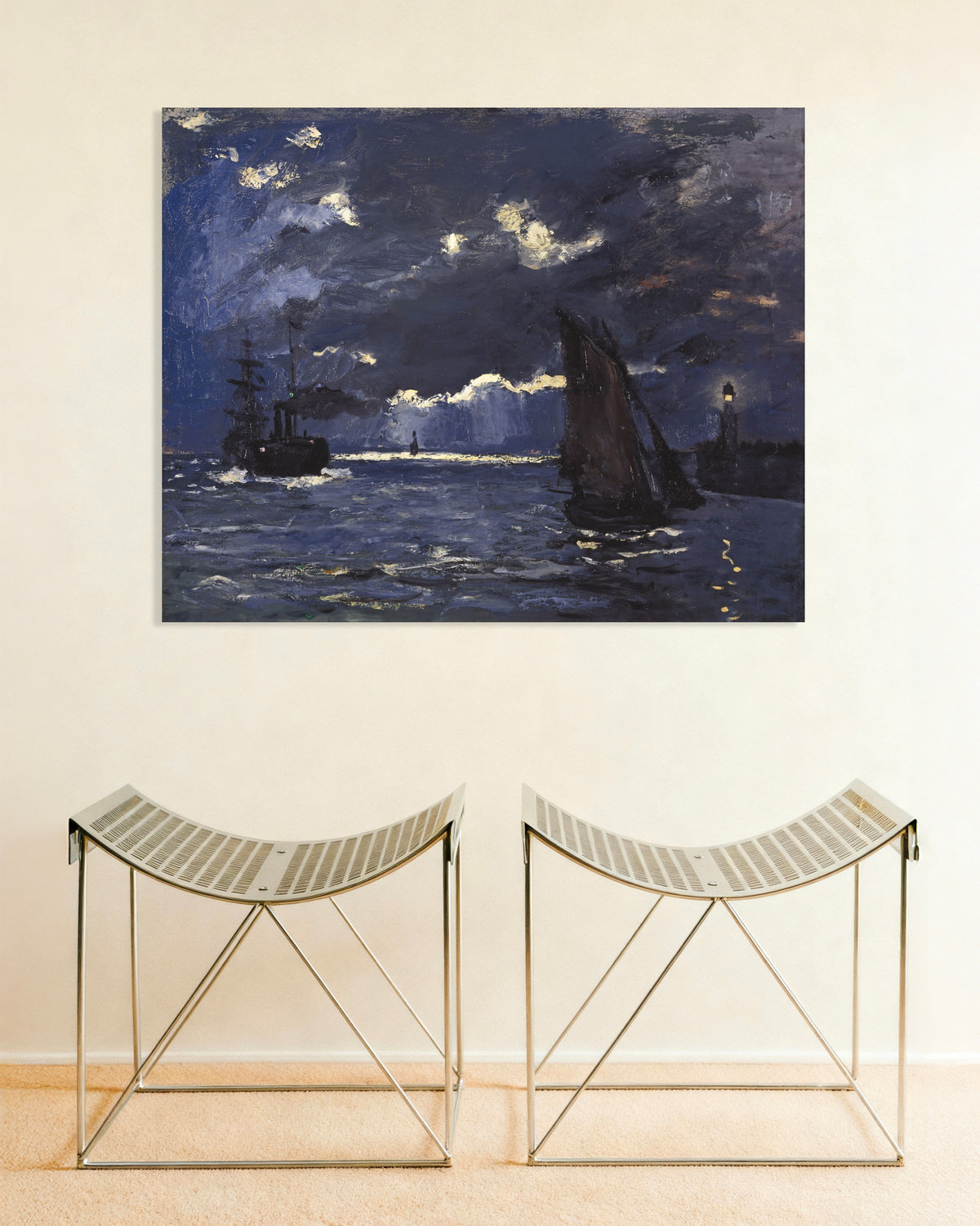 Poster Zeegezicht, schepen bij maanlicht (1864) van Claude Monet