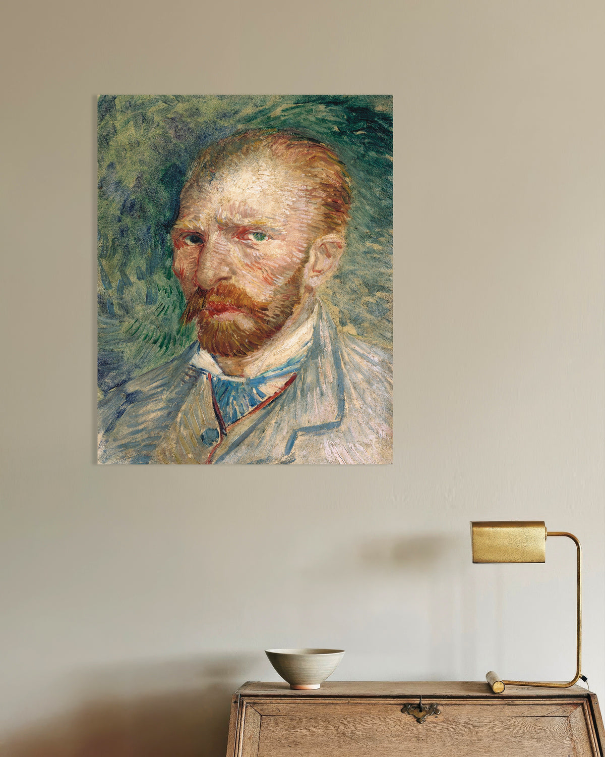 Poster van Zelfportret tegen een groene achtergrond (1886) van Vincent van Gogh