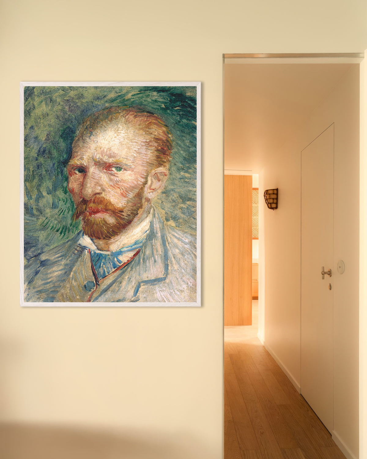 Poster van Zelfportret tegen een groene achtergrond (1886) van Vincent van Gogh, met witte houten lijst