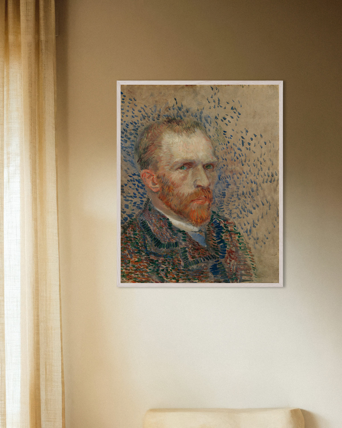 Poster Autoportrait aux touches bleues (1887) de Vincent van Gogh, avec un cadre en bois blanc