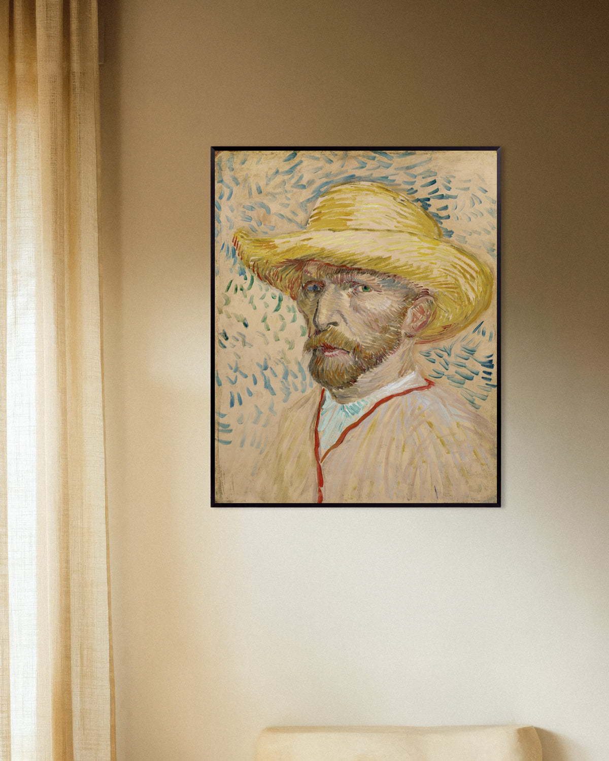 Poster de l’Autoportrait au chapeau de paille et à la blouse de peintre (1887) de Vincent van Gogh, avec un cadre en métal