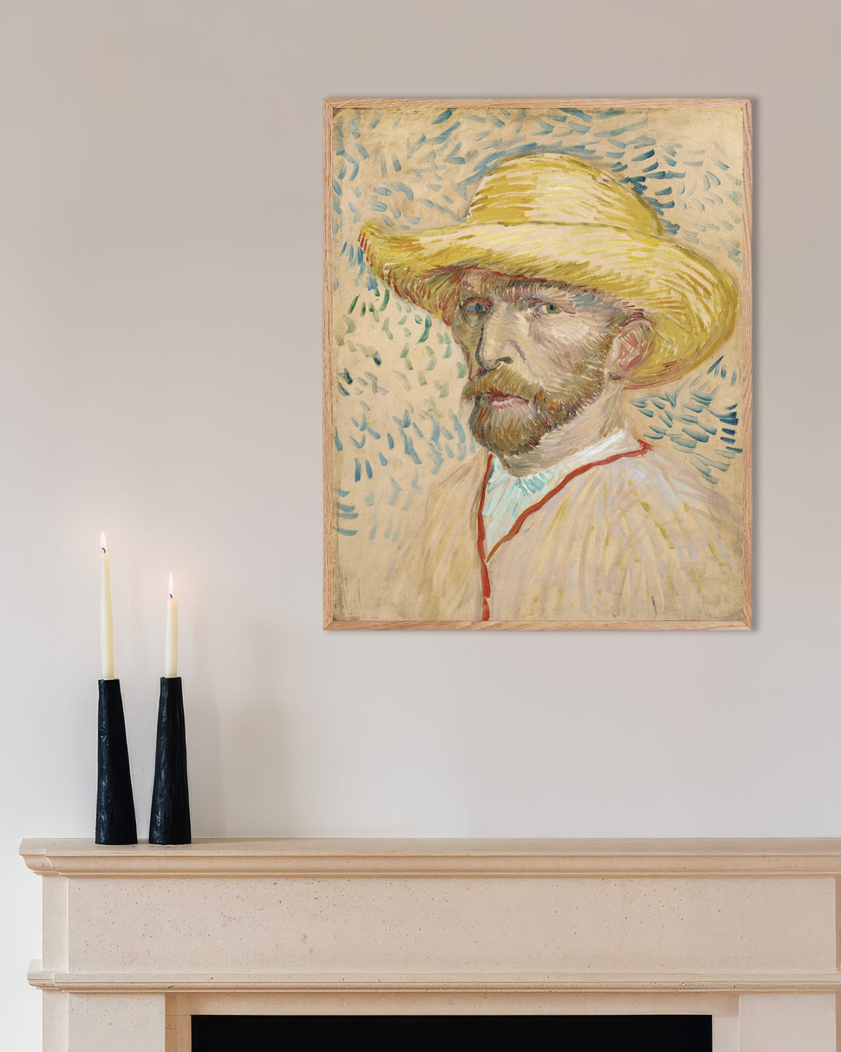 Poster de l’Autoportrait au chapeau de paille et à la blouse de peintre (1887) de Vincent van Gogh, avec un cadre en bois naturel