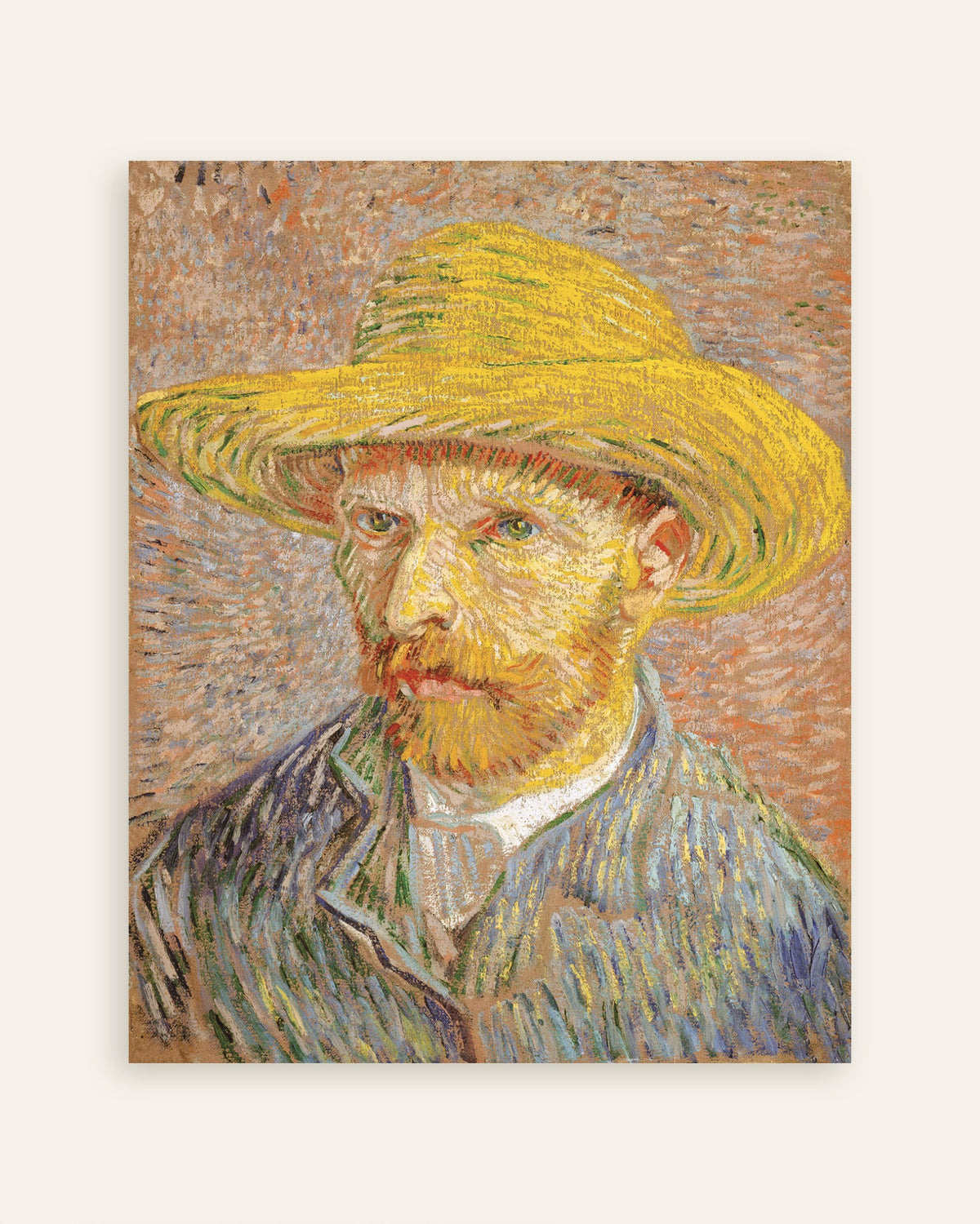 Vignette d’un poster représentant Autoportrait au chapeau de paille sur fond orange (1887) de Vincent van Gogh