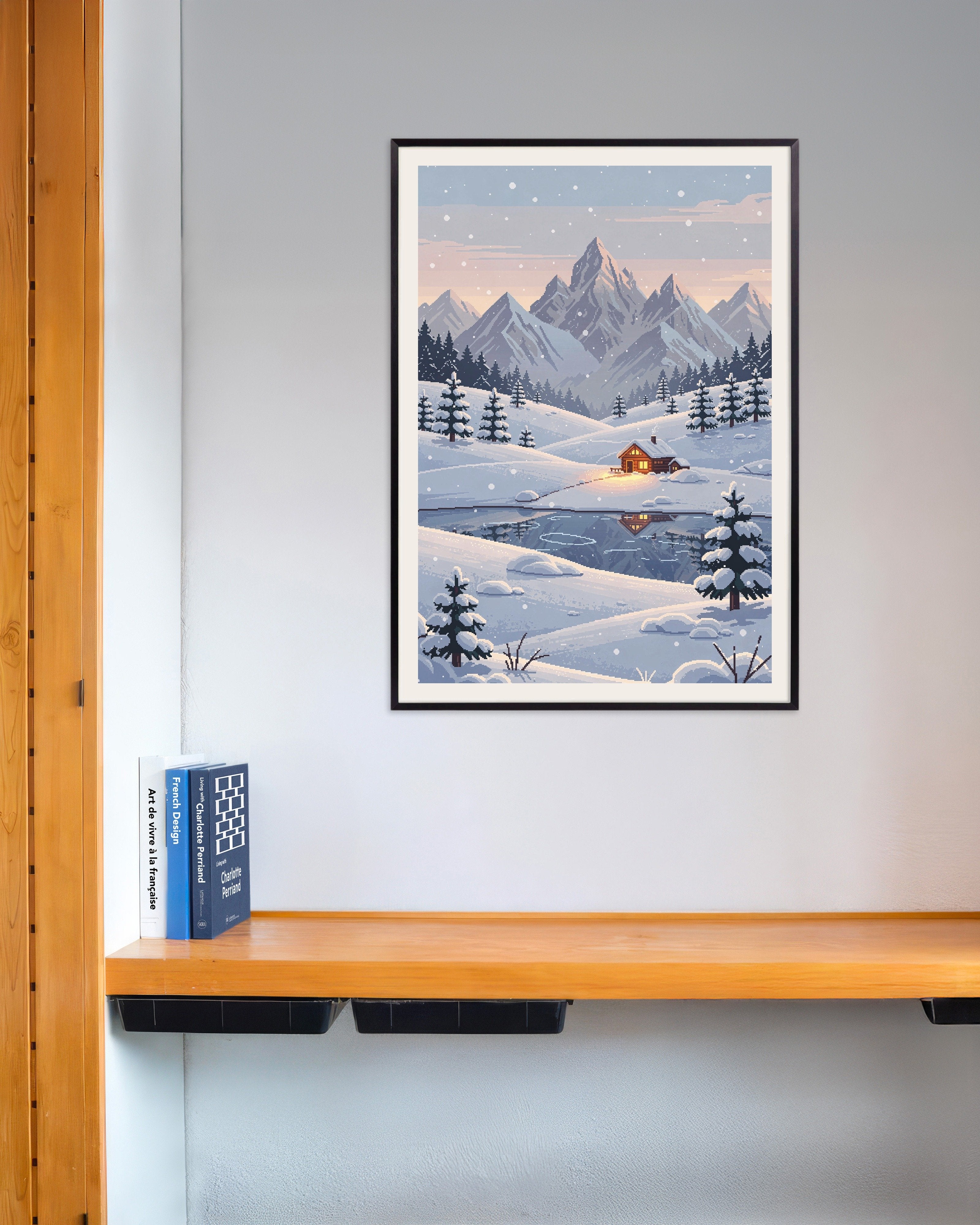 Poster of Snowy Mountain Cabin - Pixel Art Poster, with metal frame