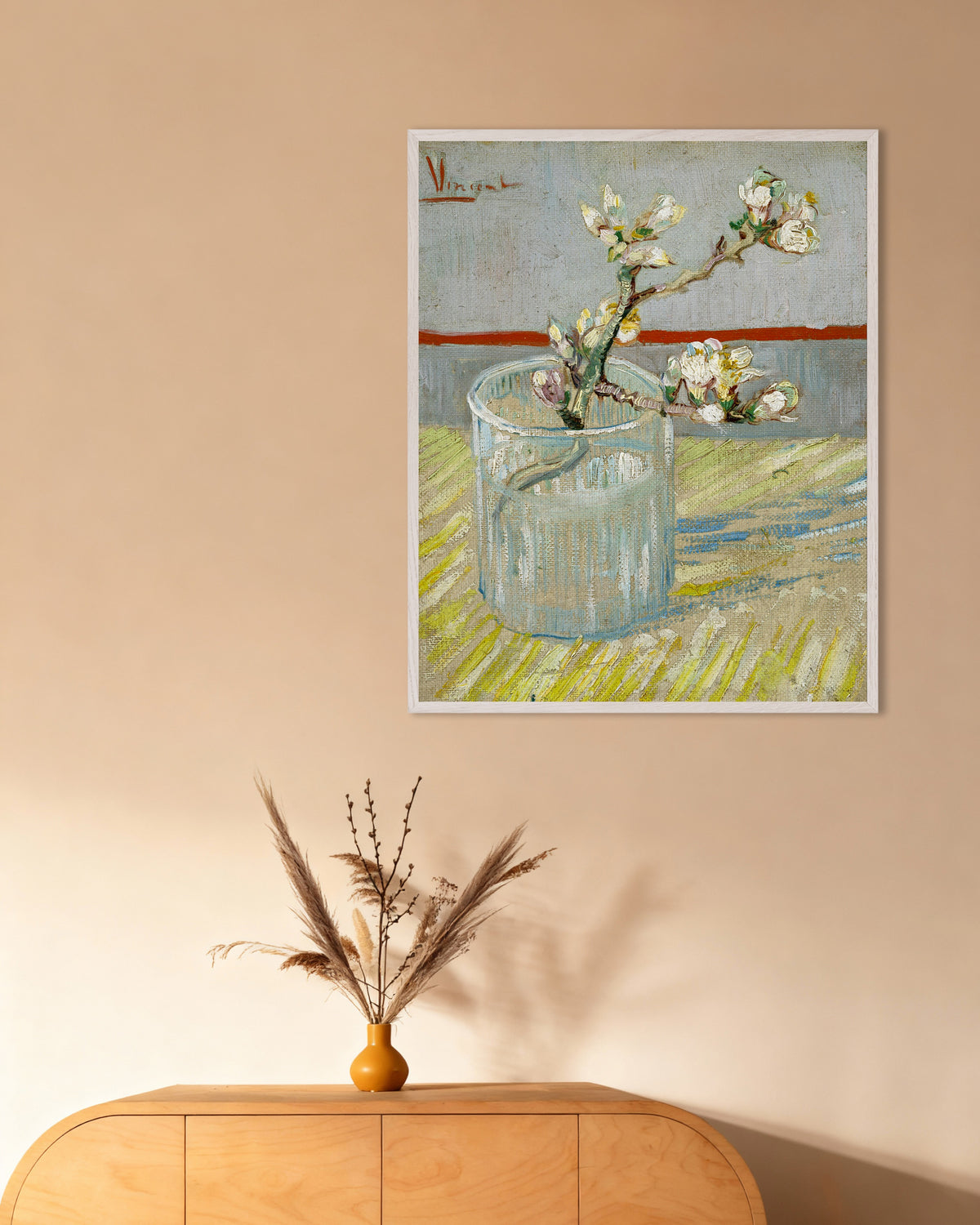 Poster Branche d’amandier en fleur dans un verre (1888), Vincent van Gogh, avec cadre en bois blanc