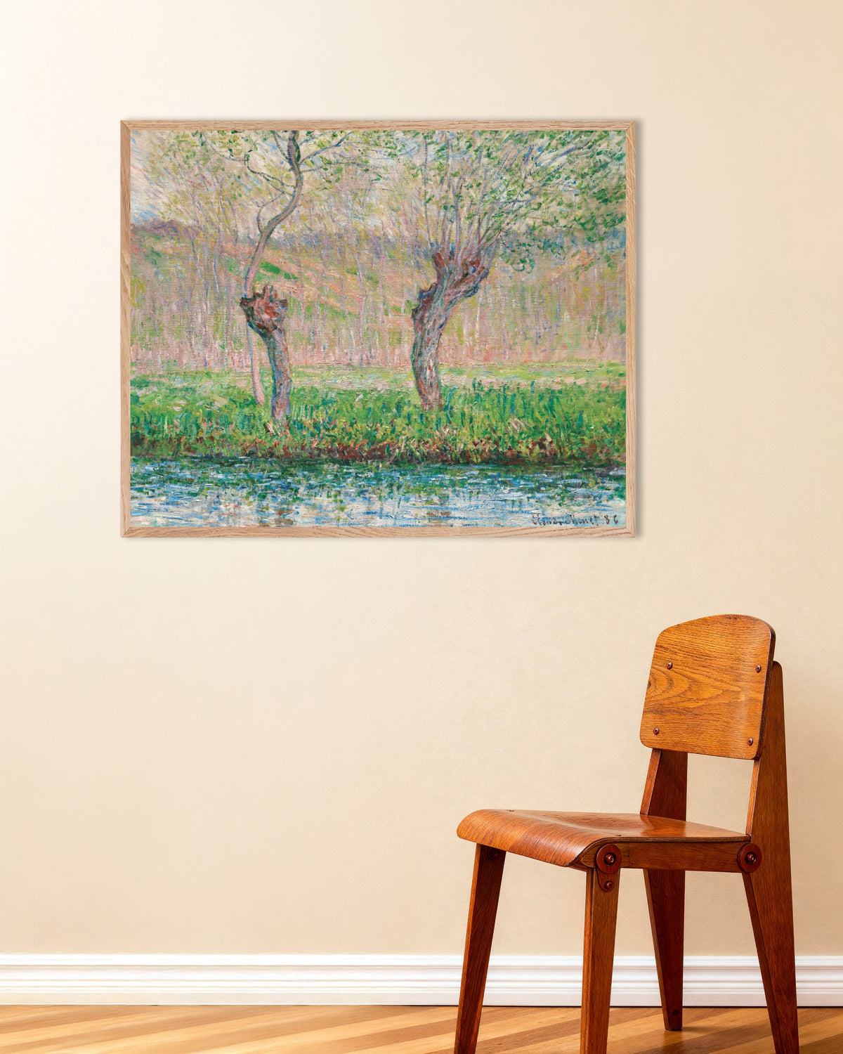 Poster Lente, wilgen (1885) van Claude Monet met naturel houten lijst