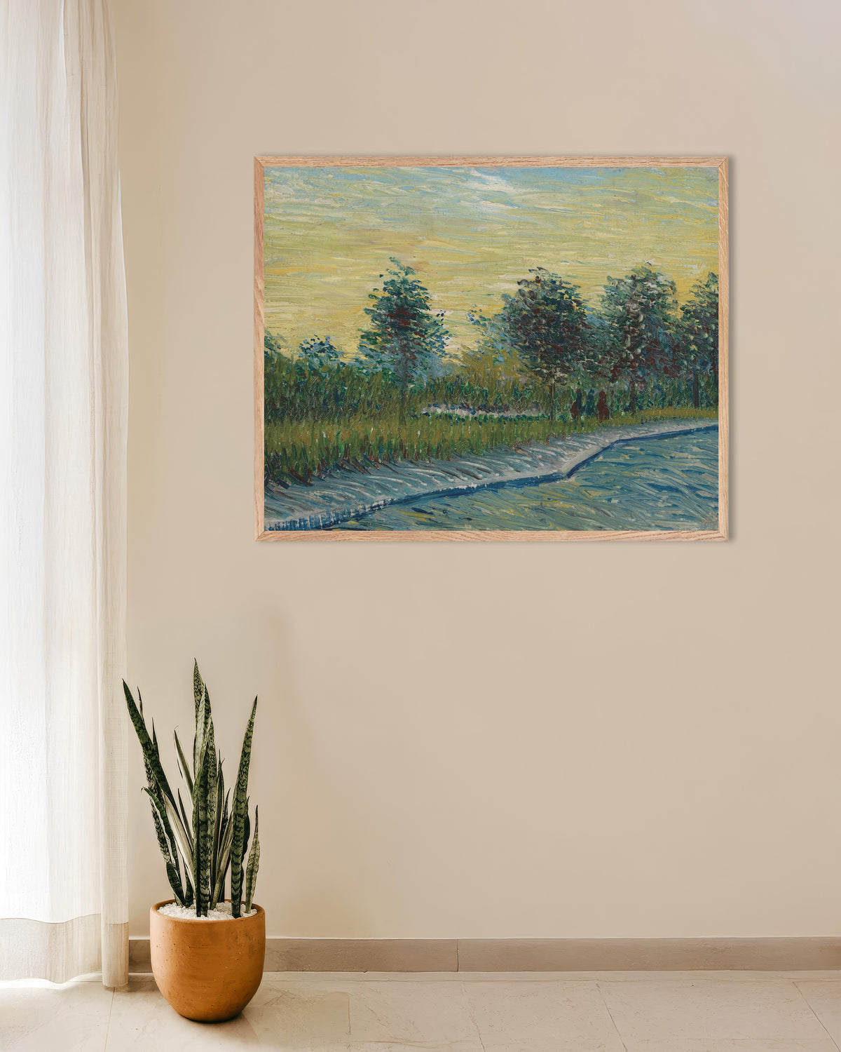 Poster van Square Saint-Pierre bij zonsondergang (1887) van Vincent van Gogh, met naturel houten lijst