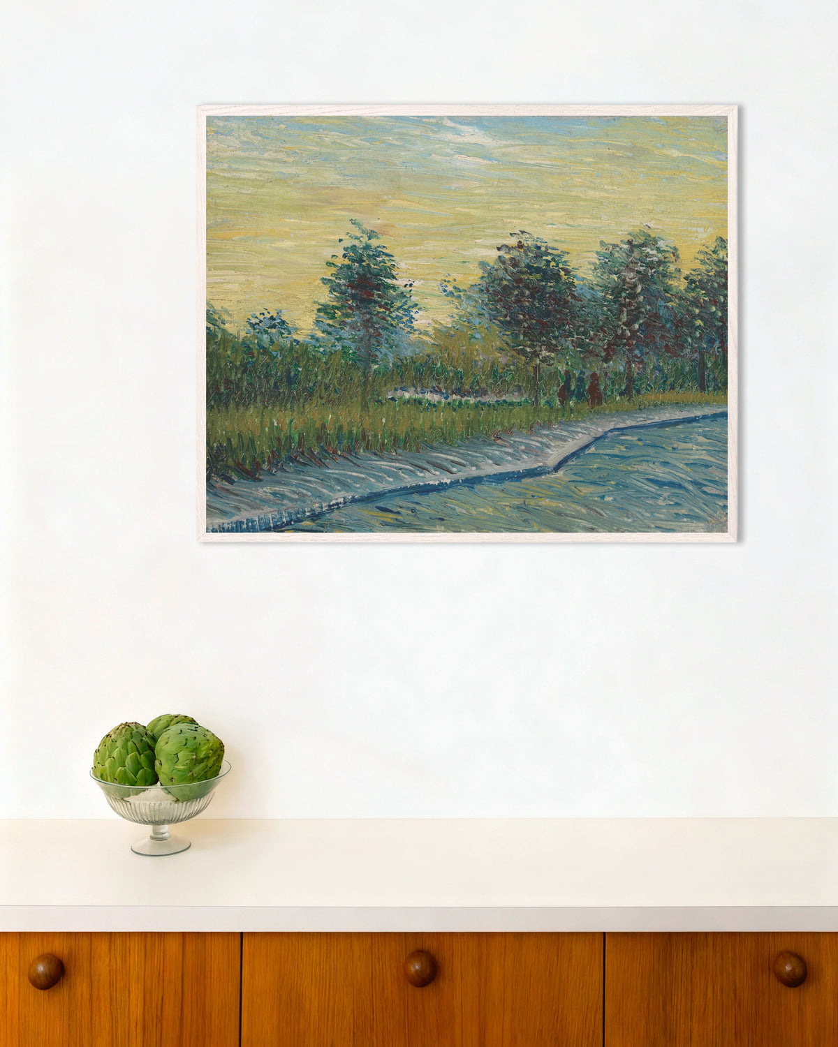 Poster van Square Saint-Pierre bij zonsondergang (1887) van Vincent van Gogh, met witte houten lijst