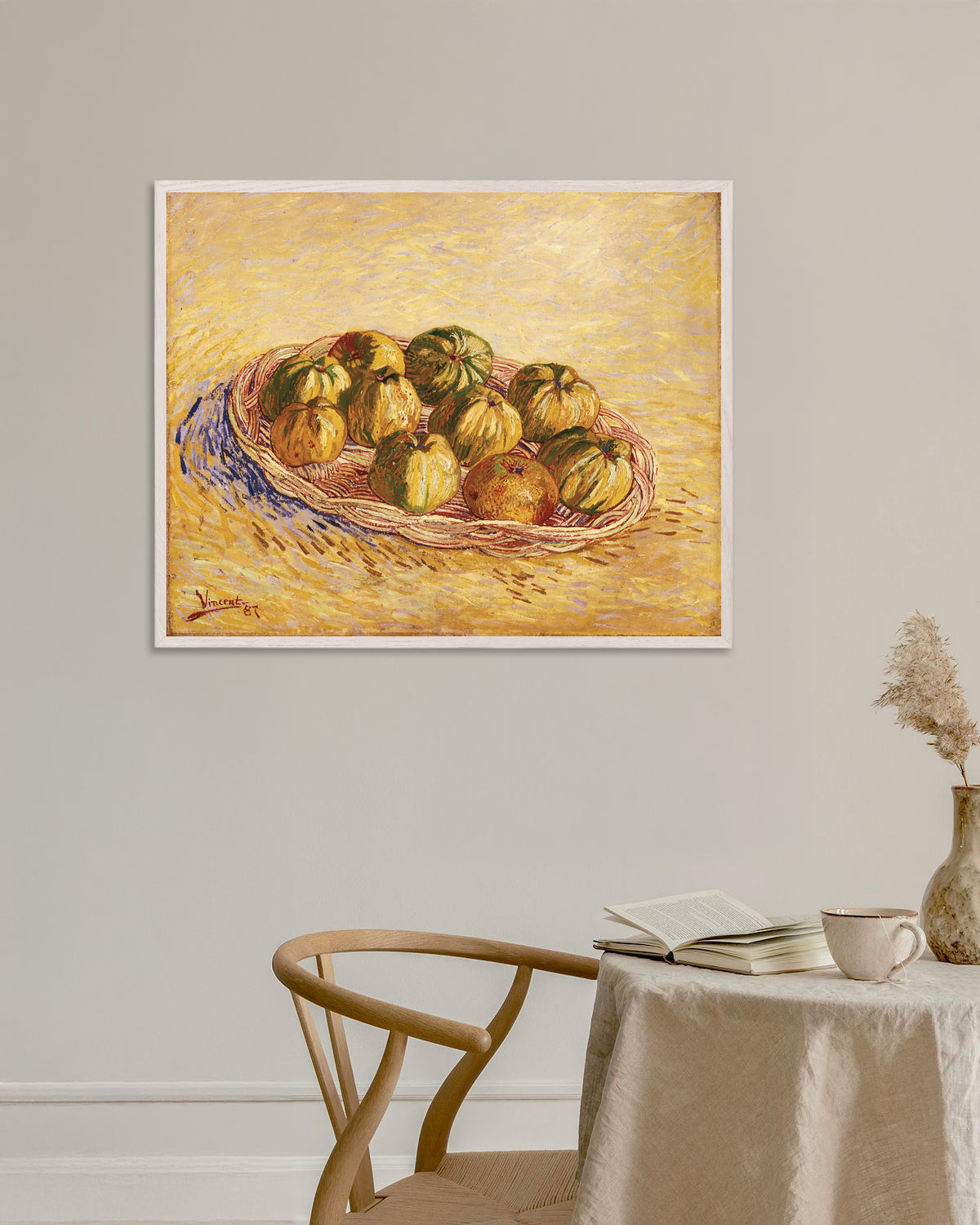 Poster van Stilleven met mand met appels (1887) van Vincent van Gogh, met witte houten lijst