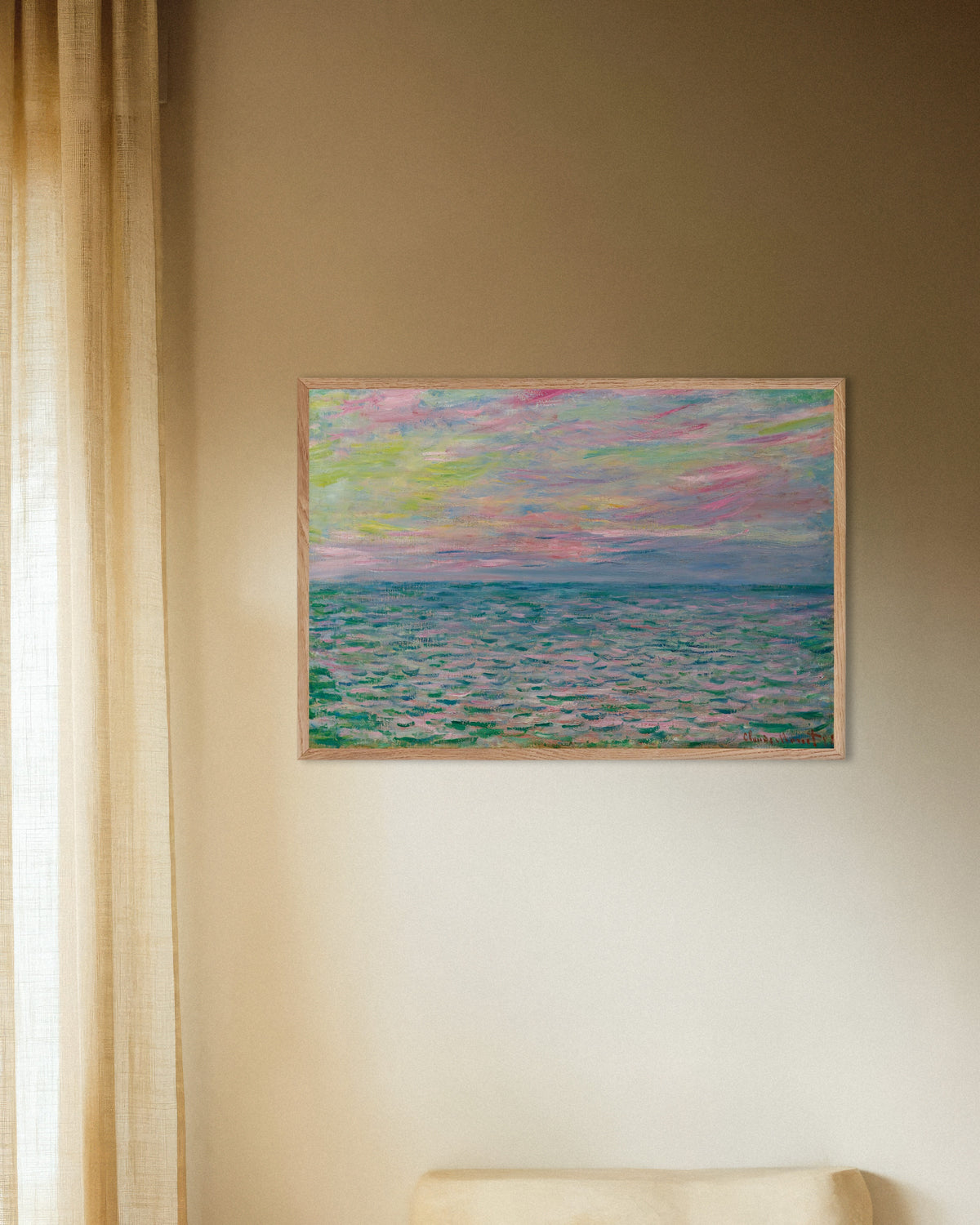 Poster Zonsondergang bij Pourville, open zee (1882) van Claude Monet met naturel houten lijst