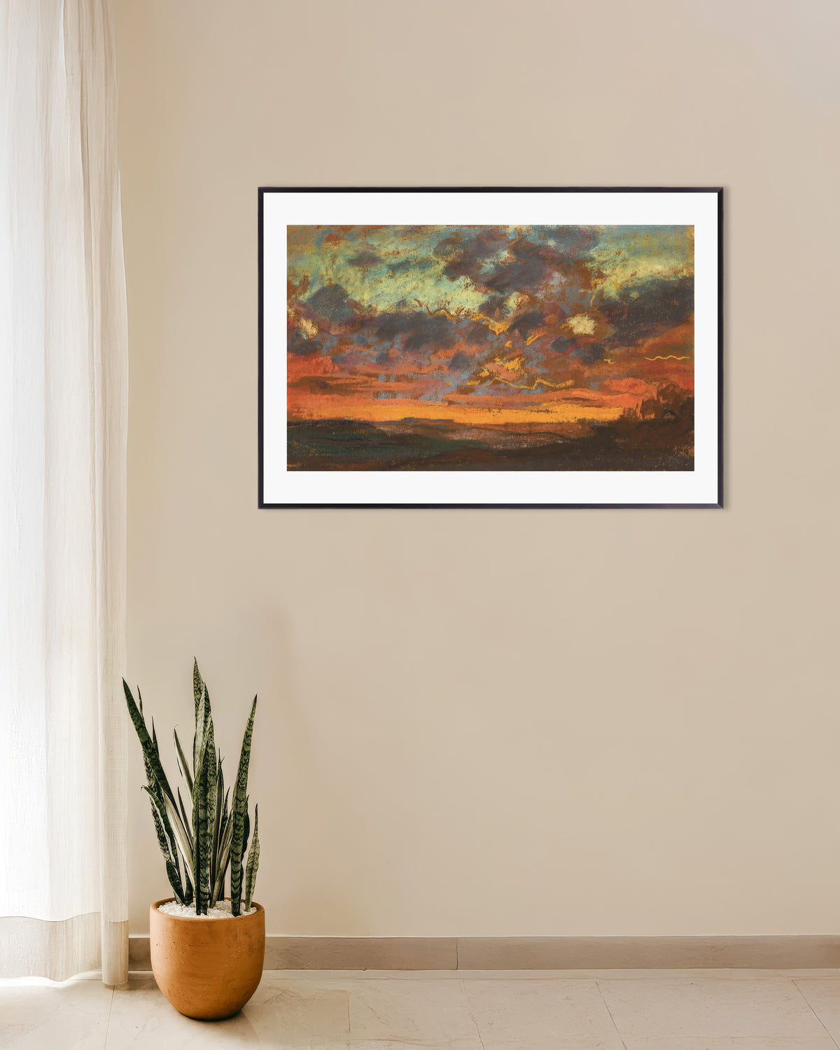 Poster Zonsondergang (ca. 1868) van Claude Monet met metalen lijst